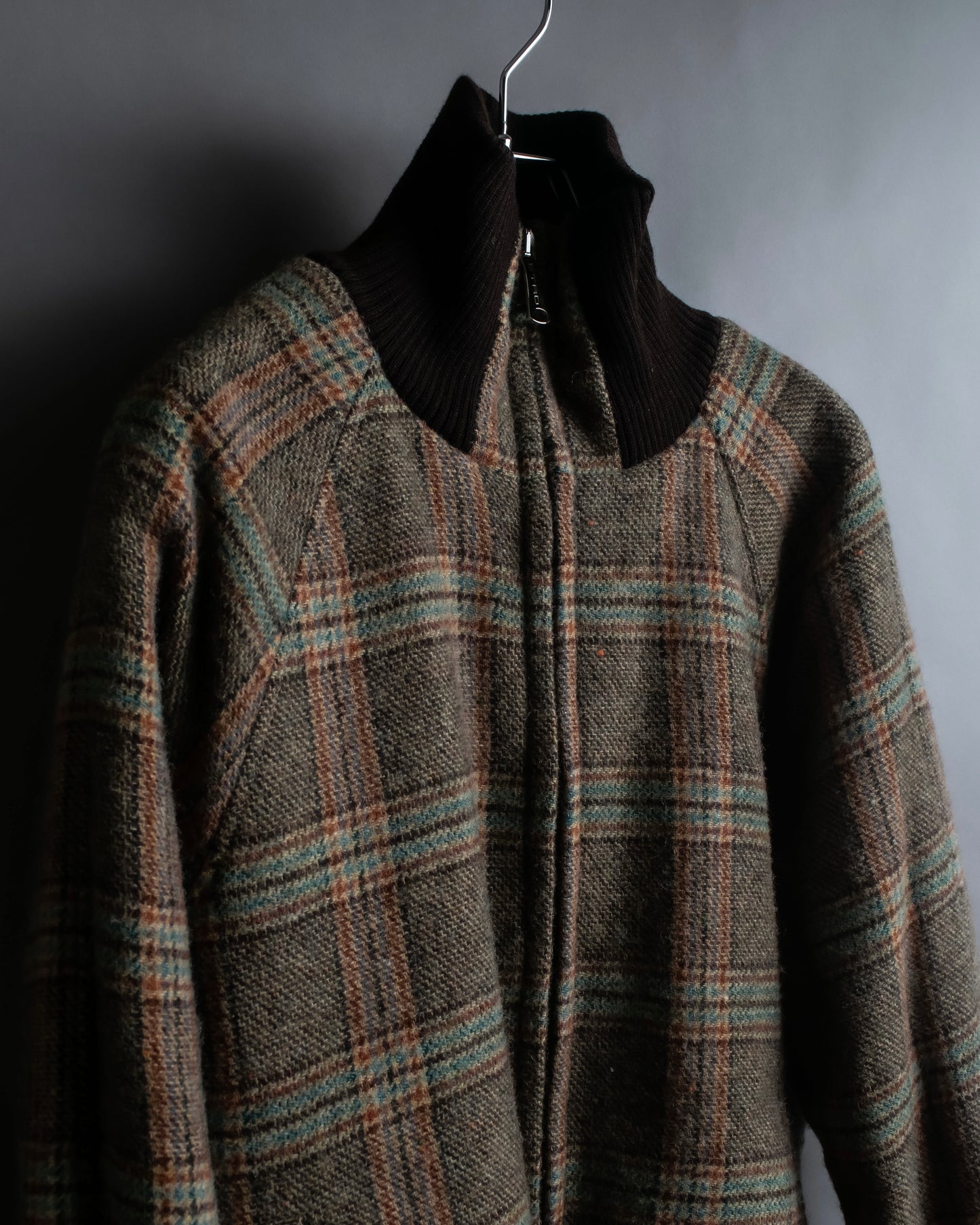 "ETRO" Multi-check pattern high neck ribbed knit blouson