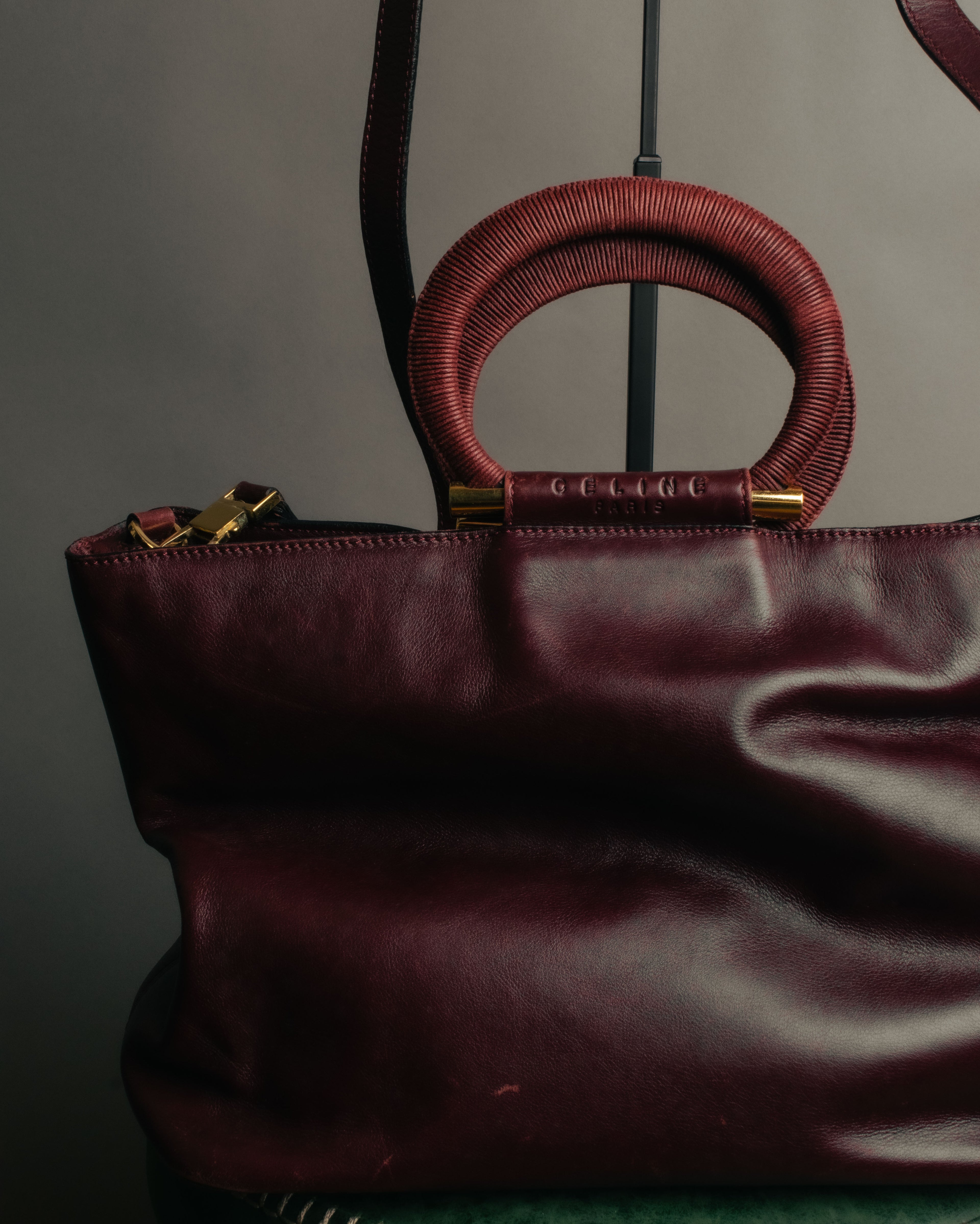“CELINE” 90’s-00’s Burgundy leather ring handle tote bag