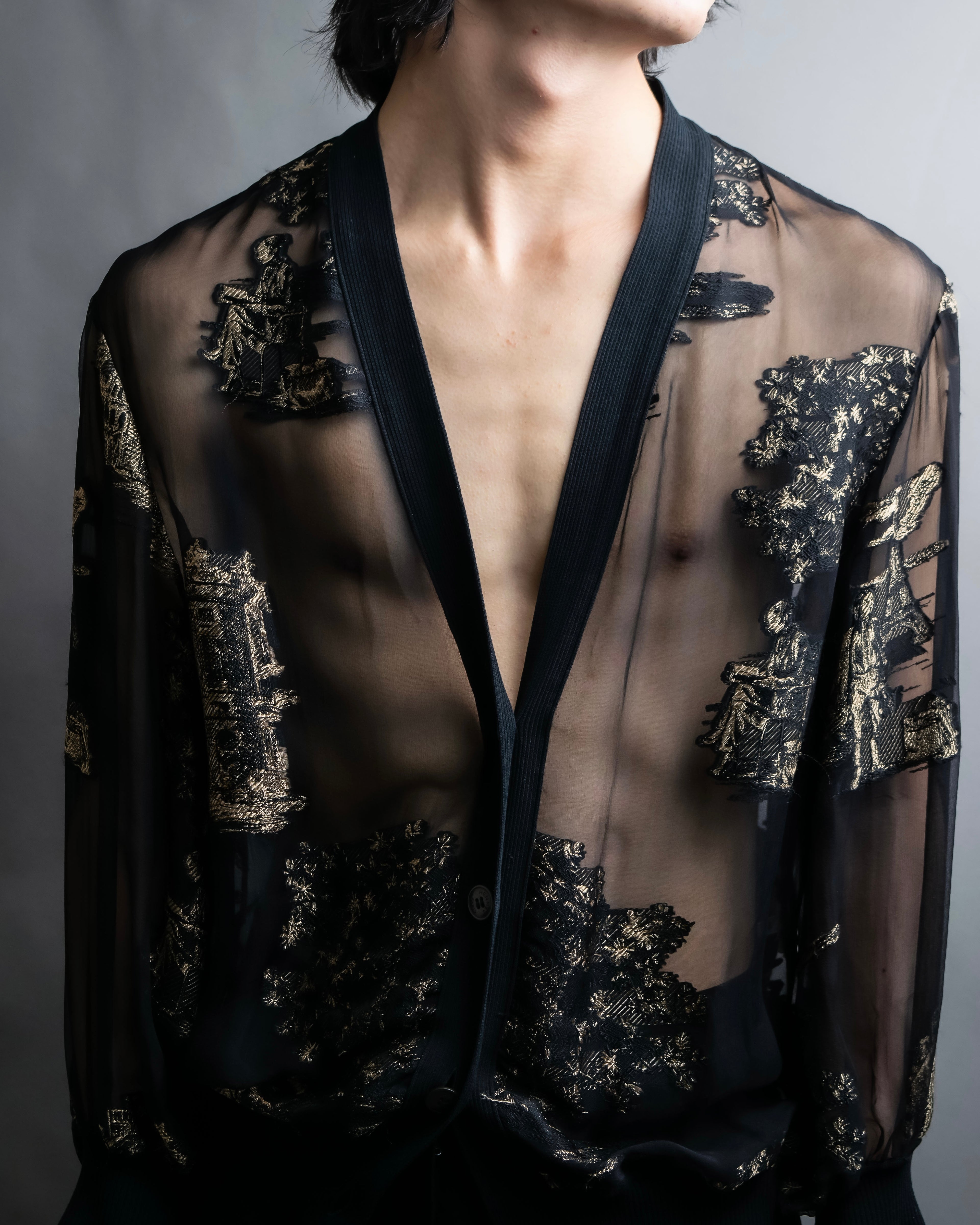 "HERMES" Embroidered design see through cardigan