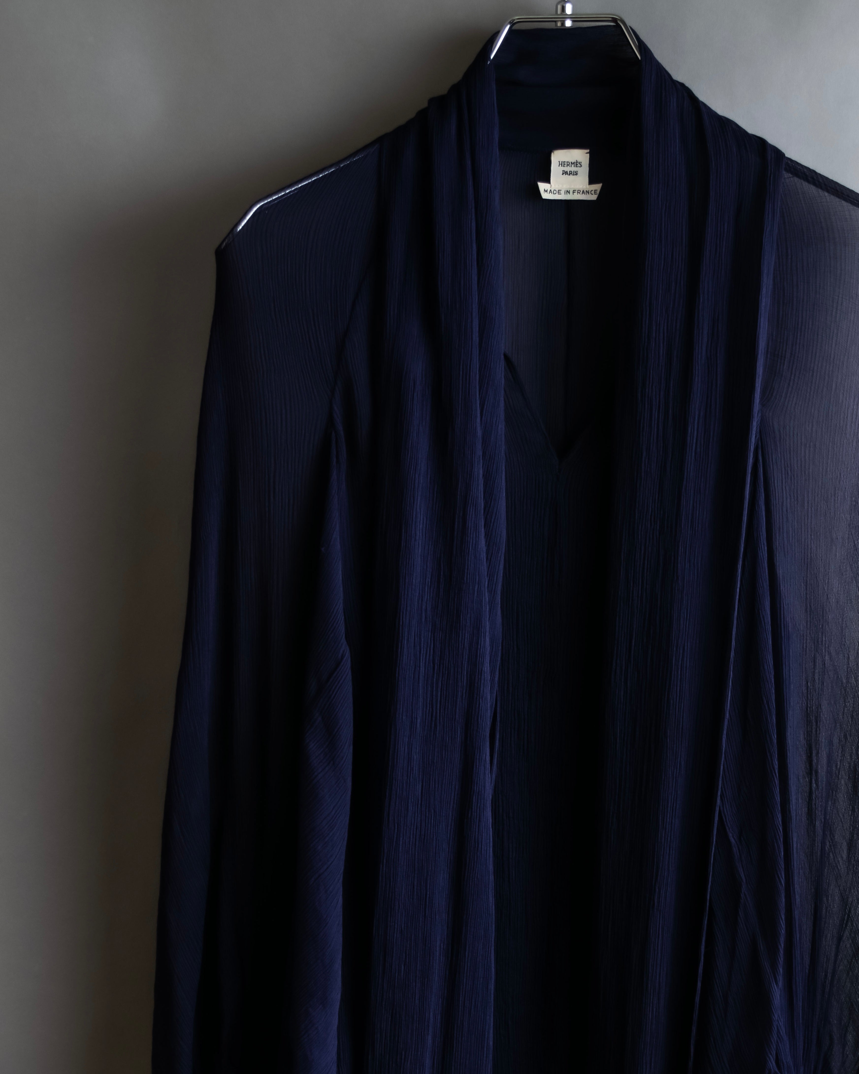 "HERMES" Bowtie detail balloon sleeve sheer pullover