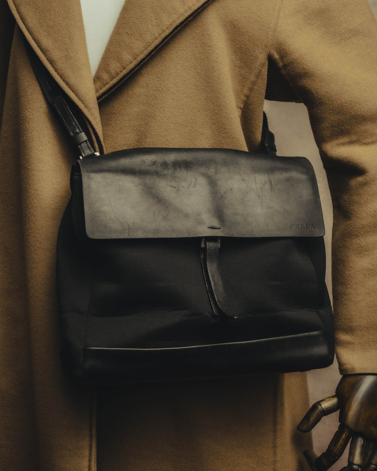 “PRADA” 90’s-00’s Nylon and leather flap messenger bag