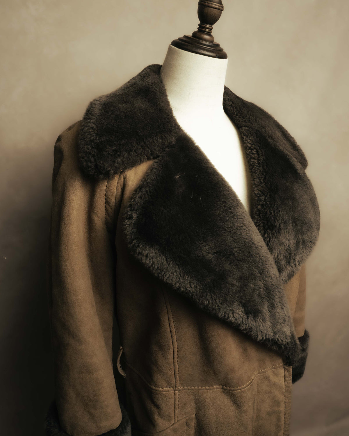 “LOEWE” 70’s-early 90’s Suede shearling belted long coat