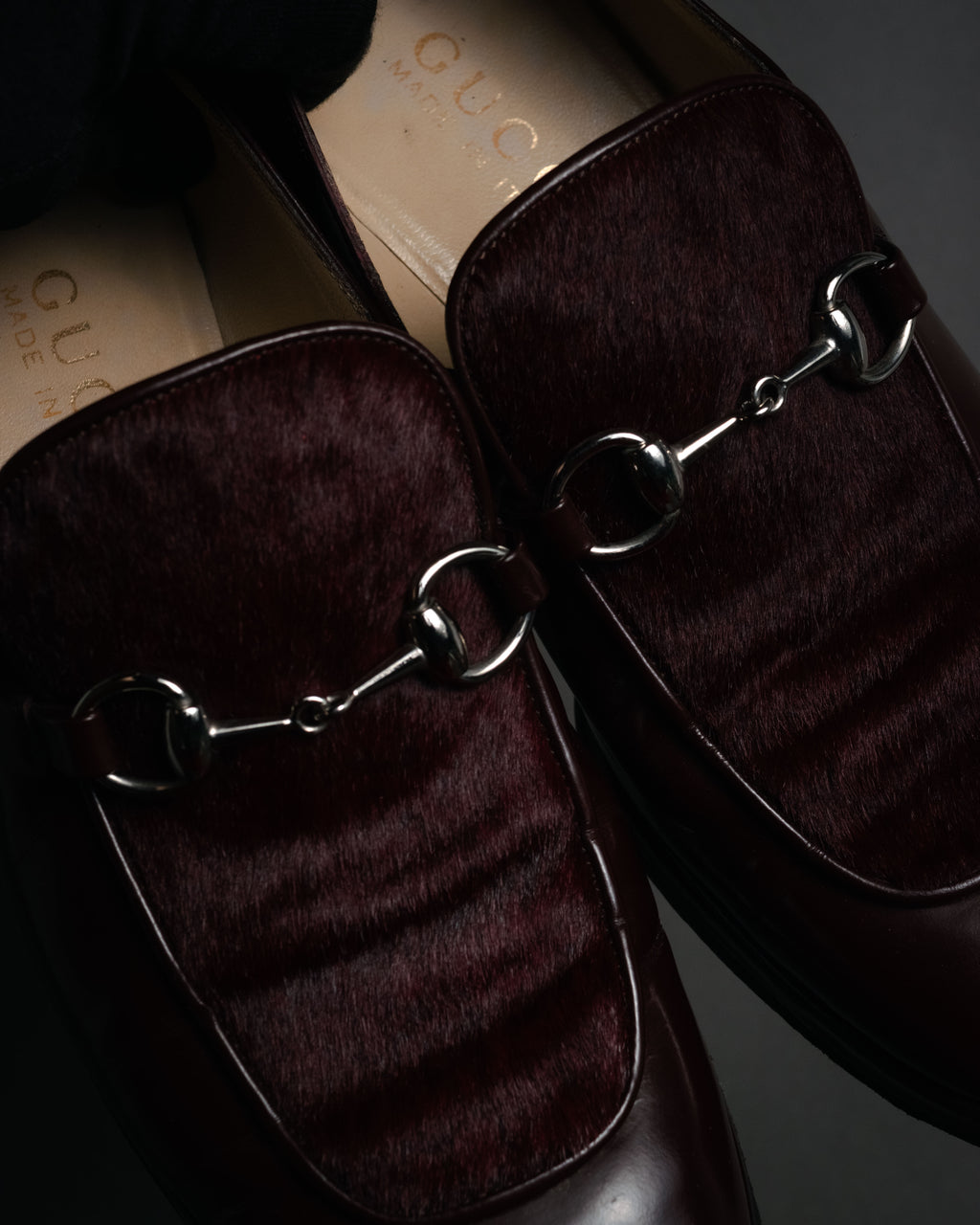 "GUCCI" 90’s-00’s Horsebit haircalf panel loafers