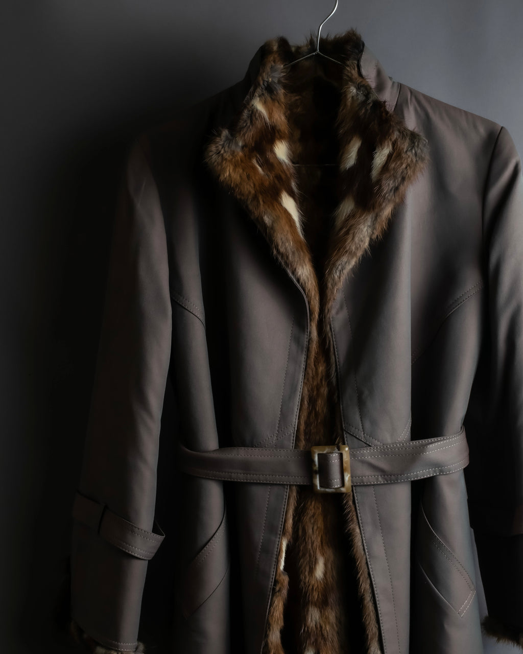 "HIROKI" Real fur lined maxi length belted coat