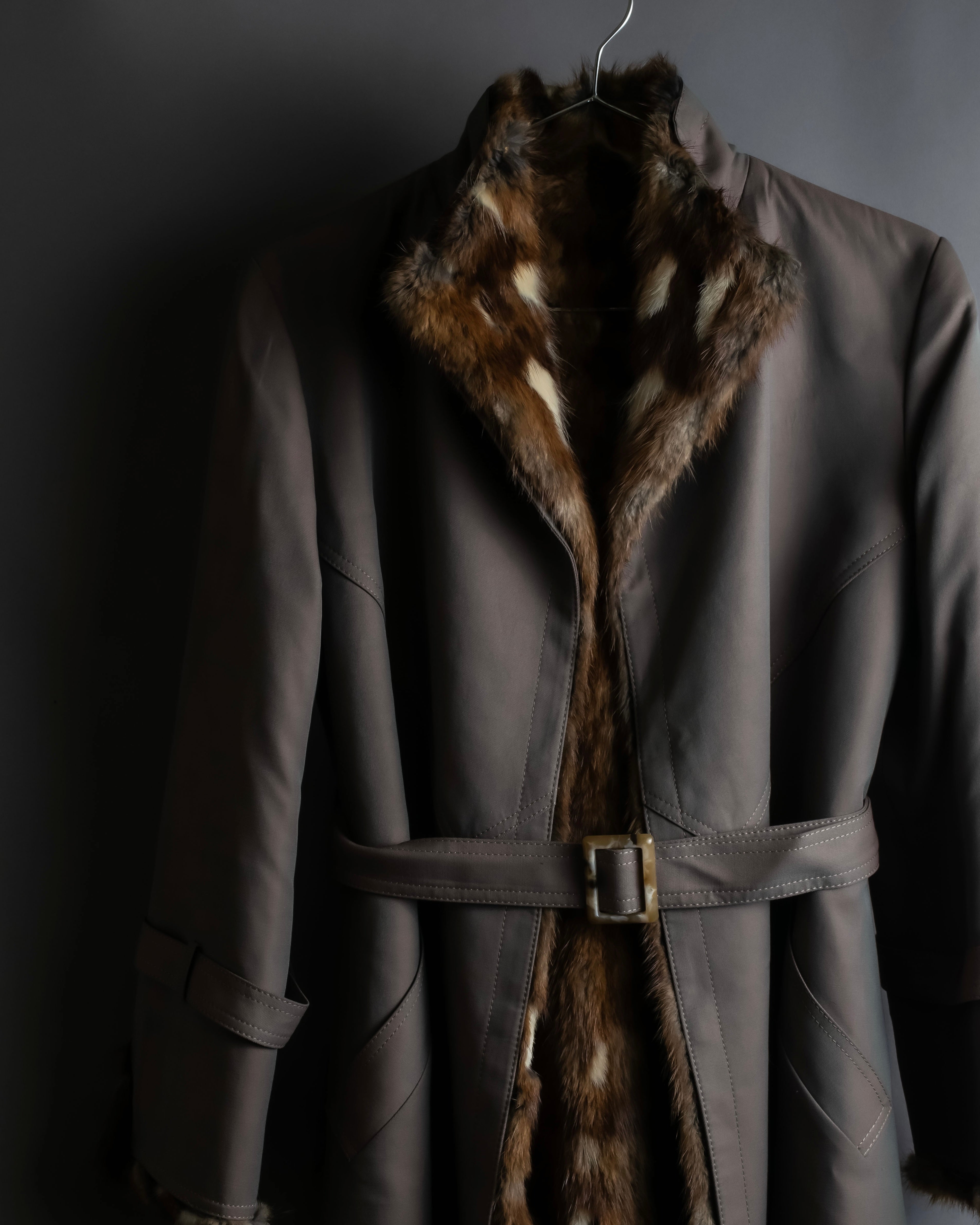 "HIROKI" Real fur lined maxi length belted coat