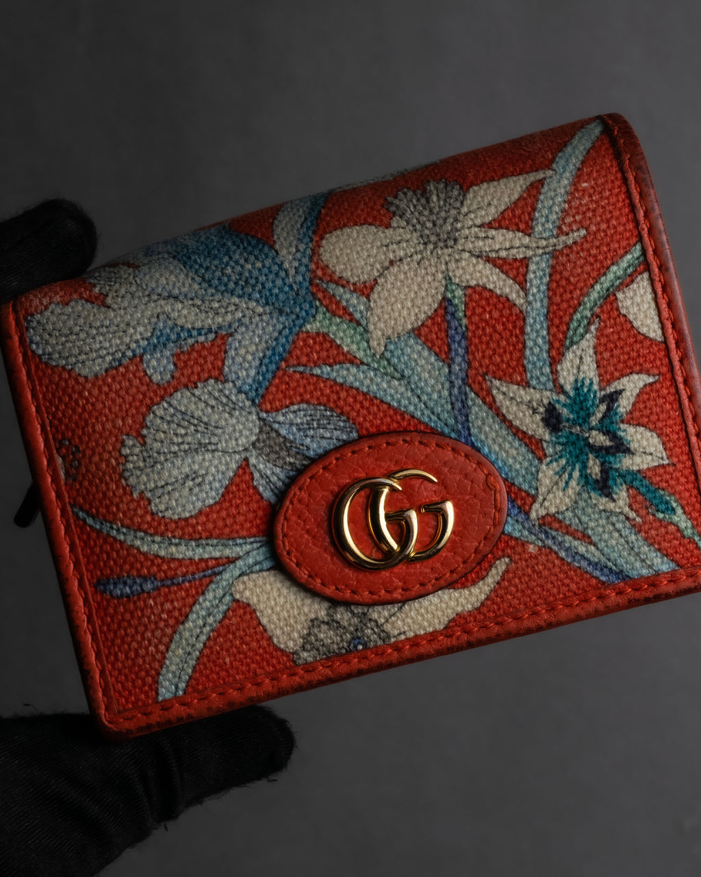 "GUCCI" Botanical pattern double G motif leather bifold wallet
