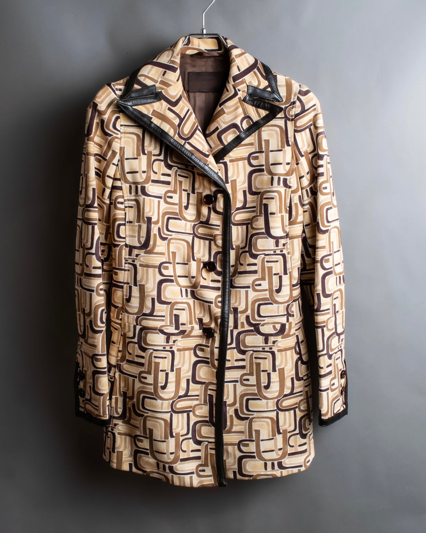 "PRADA" 1996fall Geometric pattern leather trim design mid length coat