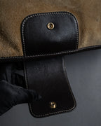 "LOEWE" 80's-90's Logo engraved suede leather combination business bag