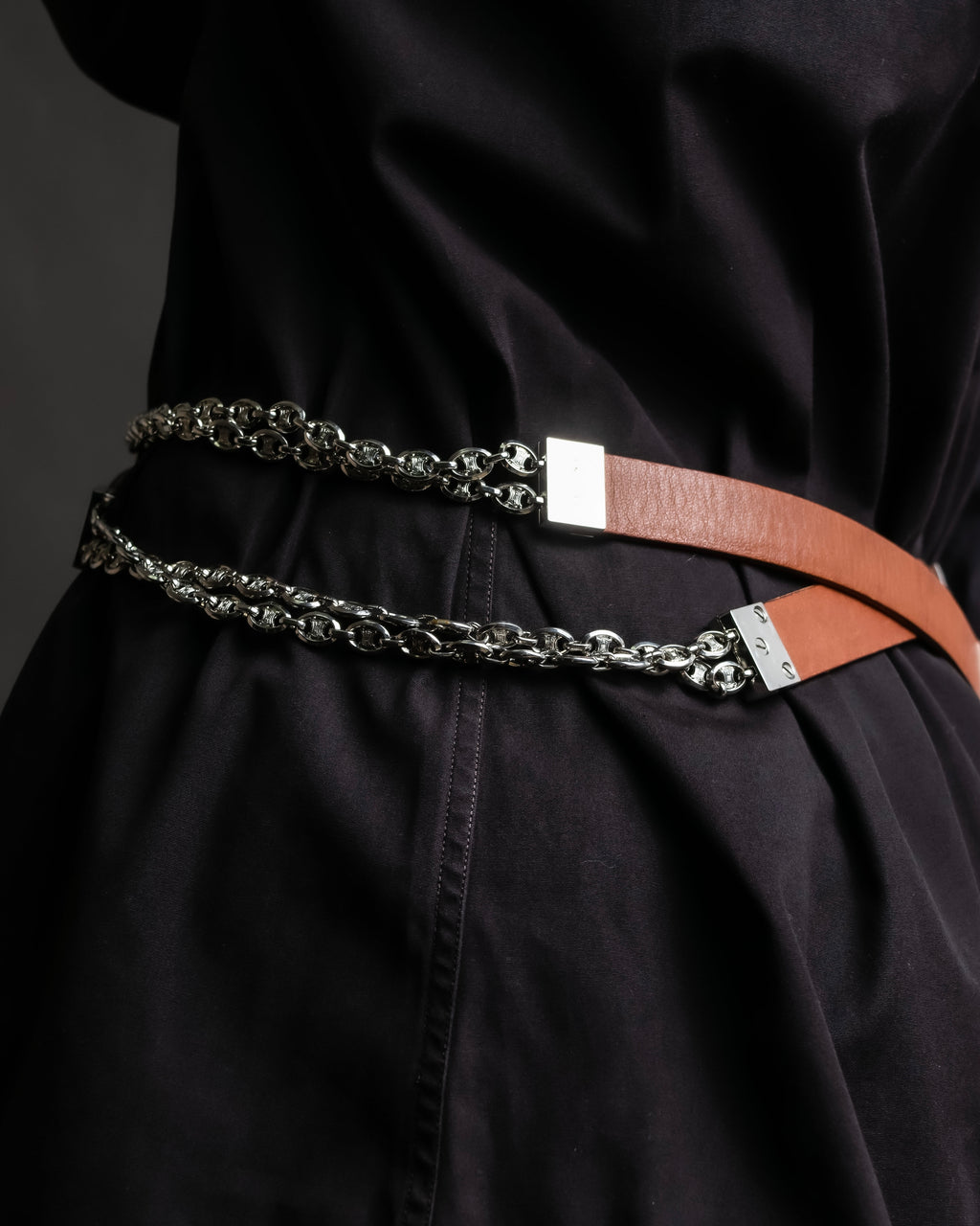 "CELINE" Oval link chain design leather combination belt