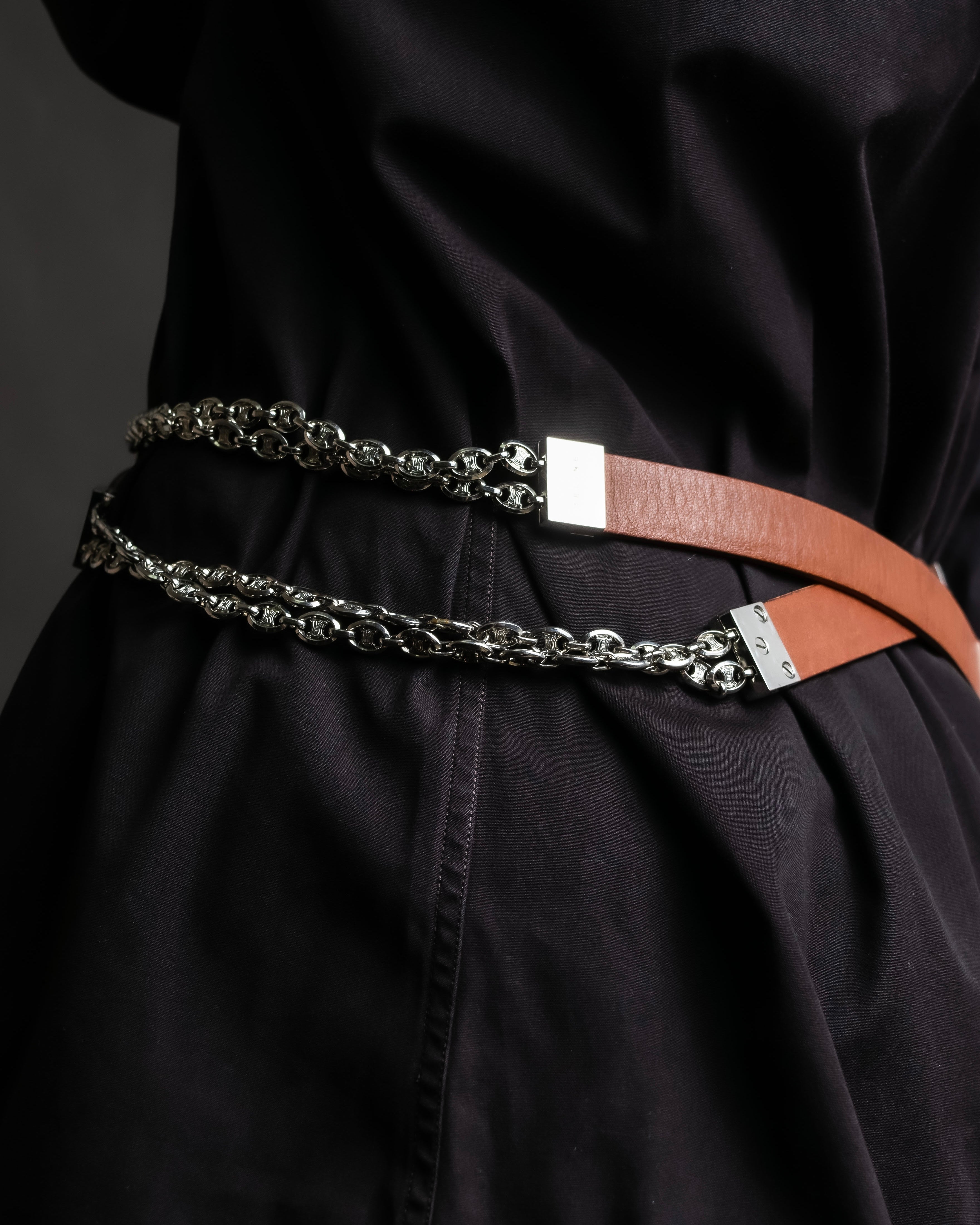 "CELINE" Oval link chain design leather combination belt