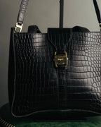 "Salvatore Ferragamo" 90's-00's Croc embossed leather shoulder bag
