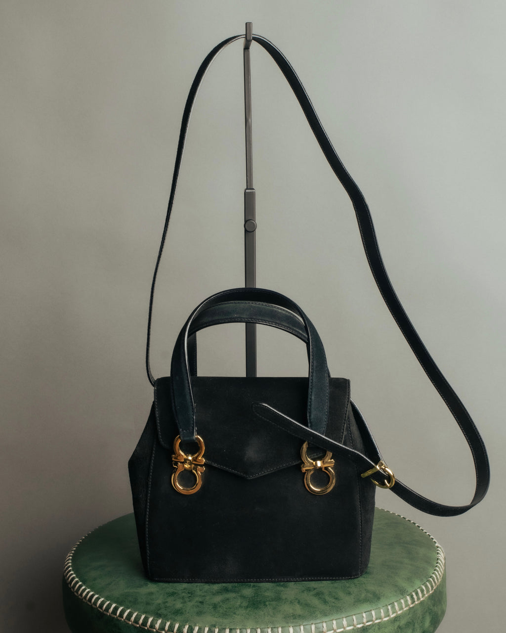 “Salvatore Ferragamo” 1995 Double gancini suede leather handbag