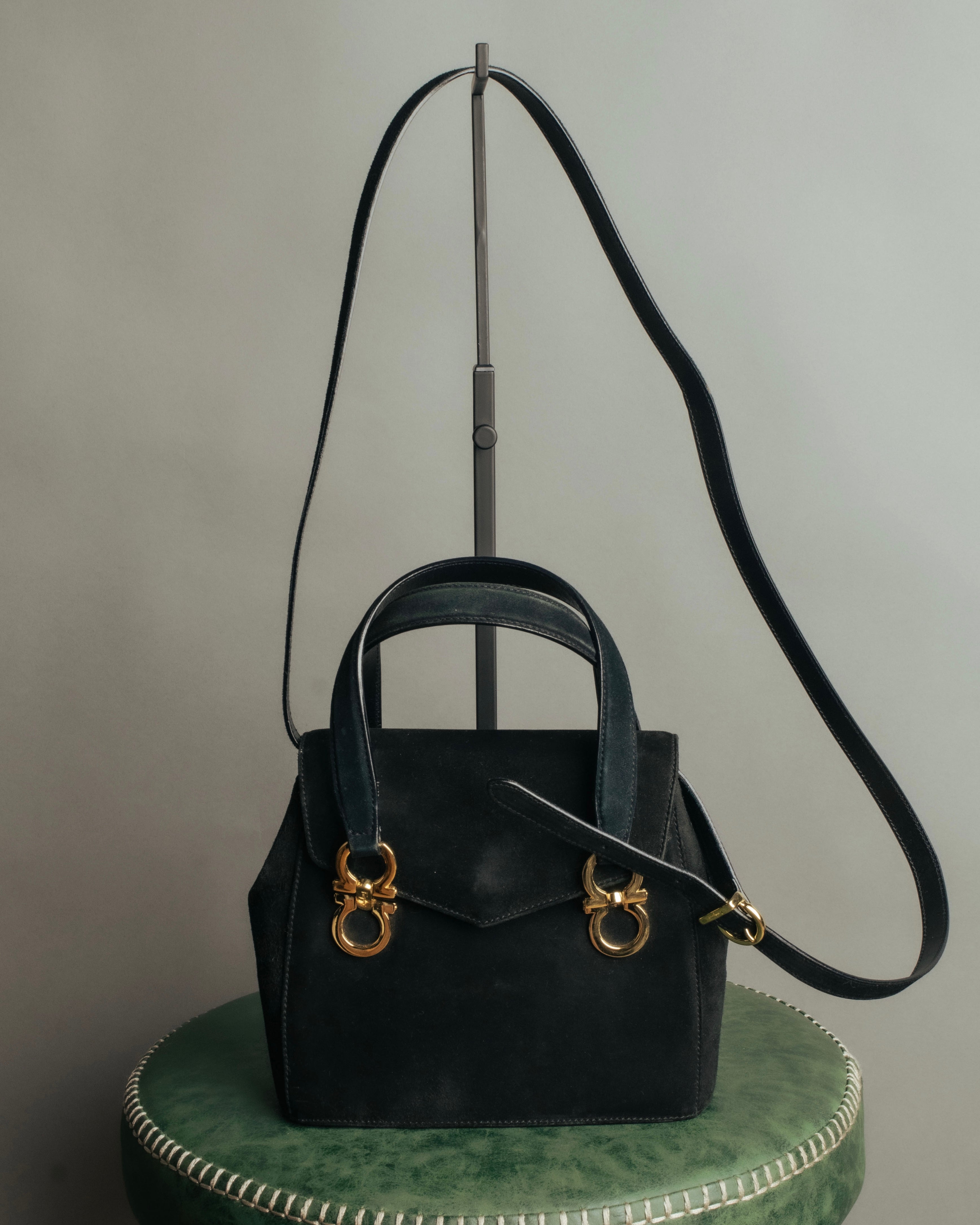 “Salvatore Ferragamo” 1995 Double gancini suede leather handbag