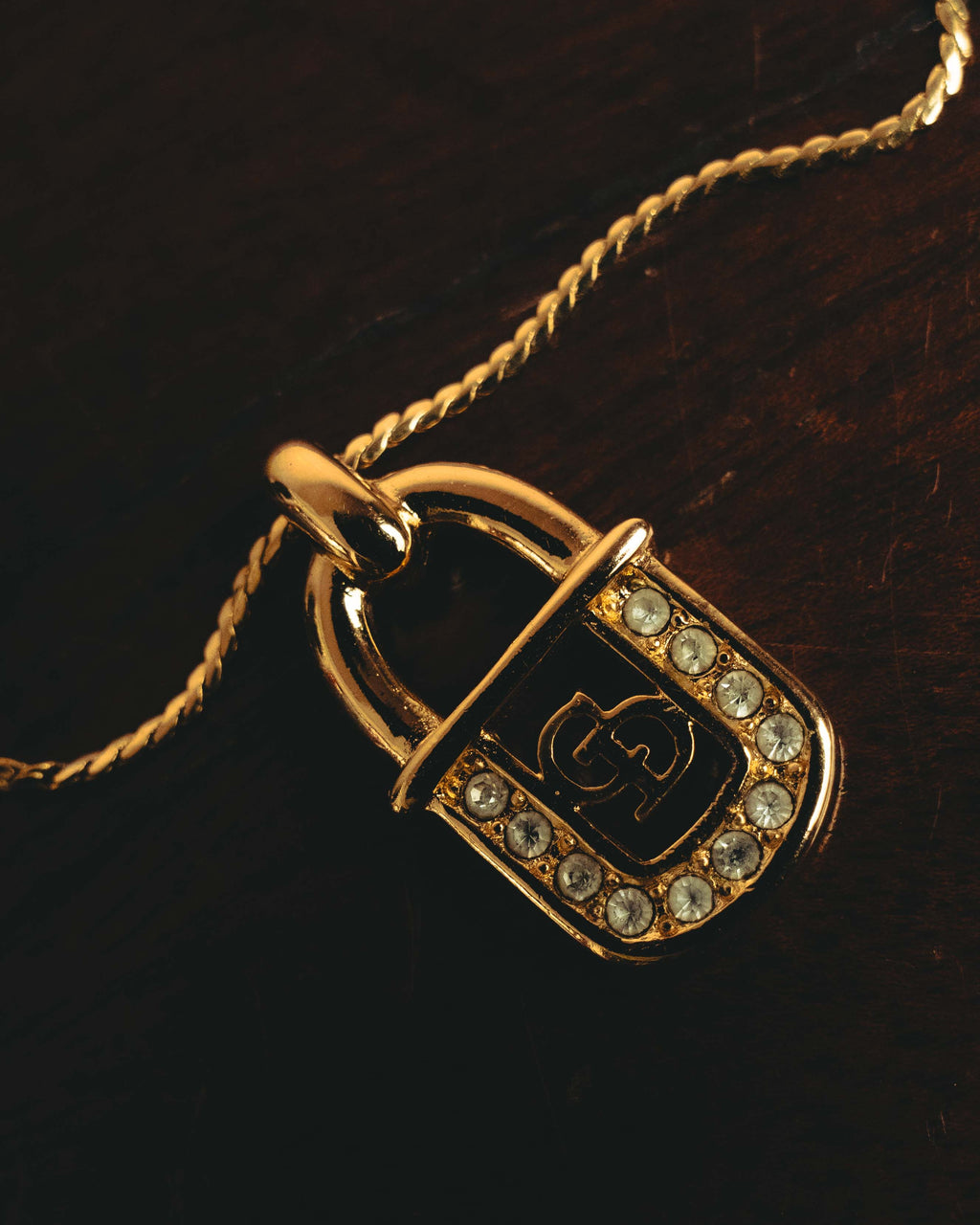 "Christian Dior" 90's Rhinestone padlock pendant necklace