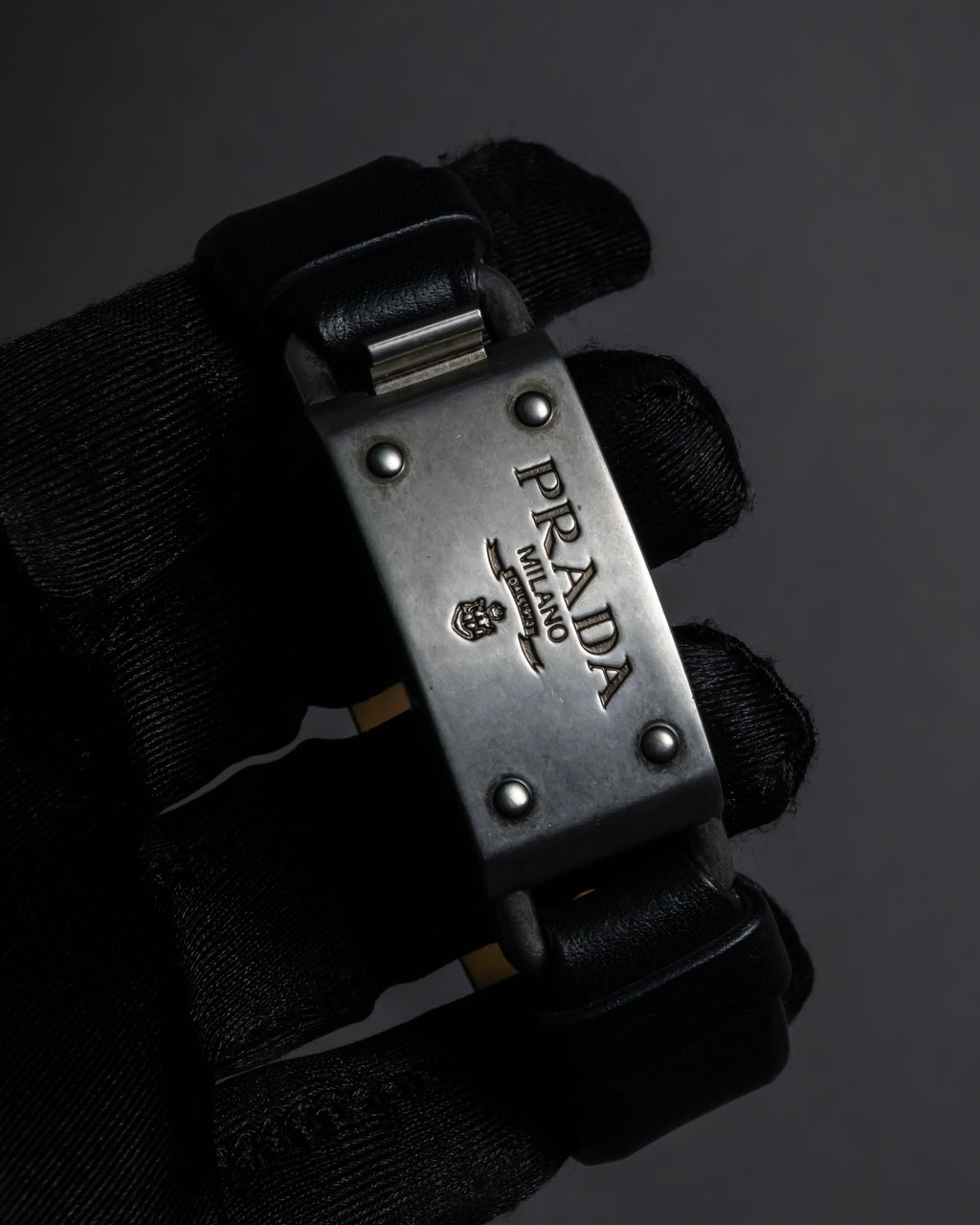 "PRADA" Logo engraved metal plate design leather bracelet