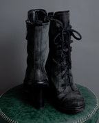 "PRADA" Military detail brushed leather lace-up long boots