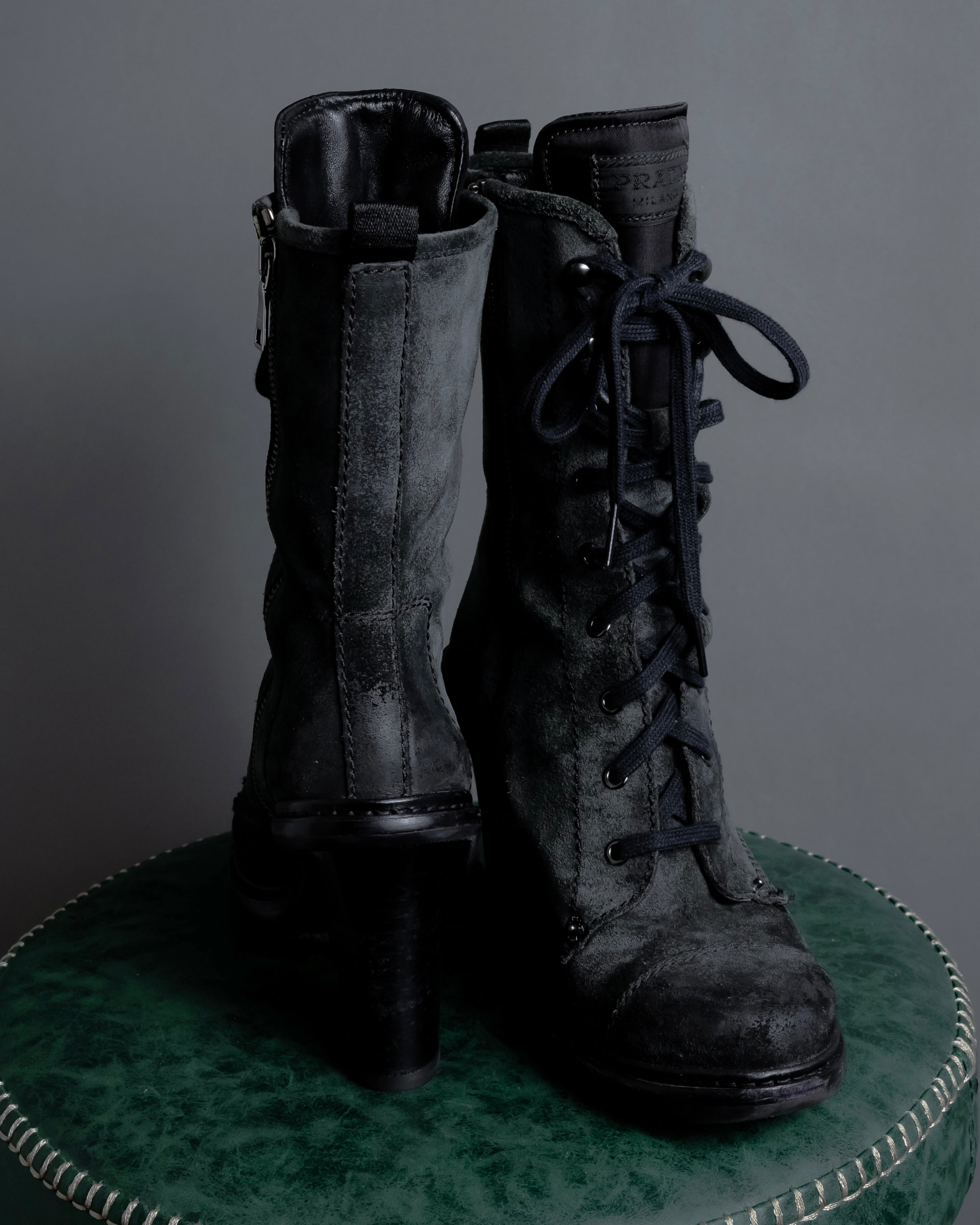 "PRADA" Military detail brushed leather lace-up long boots