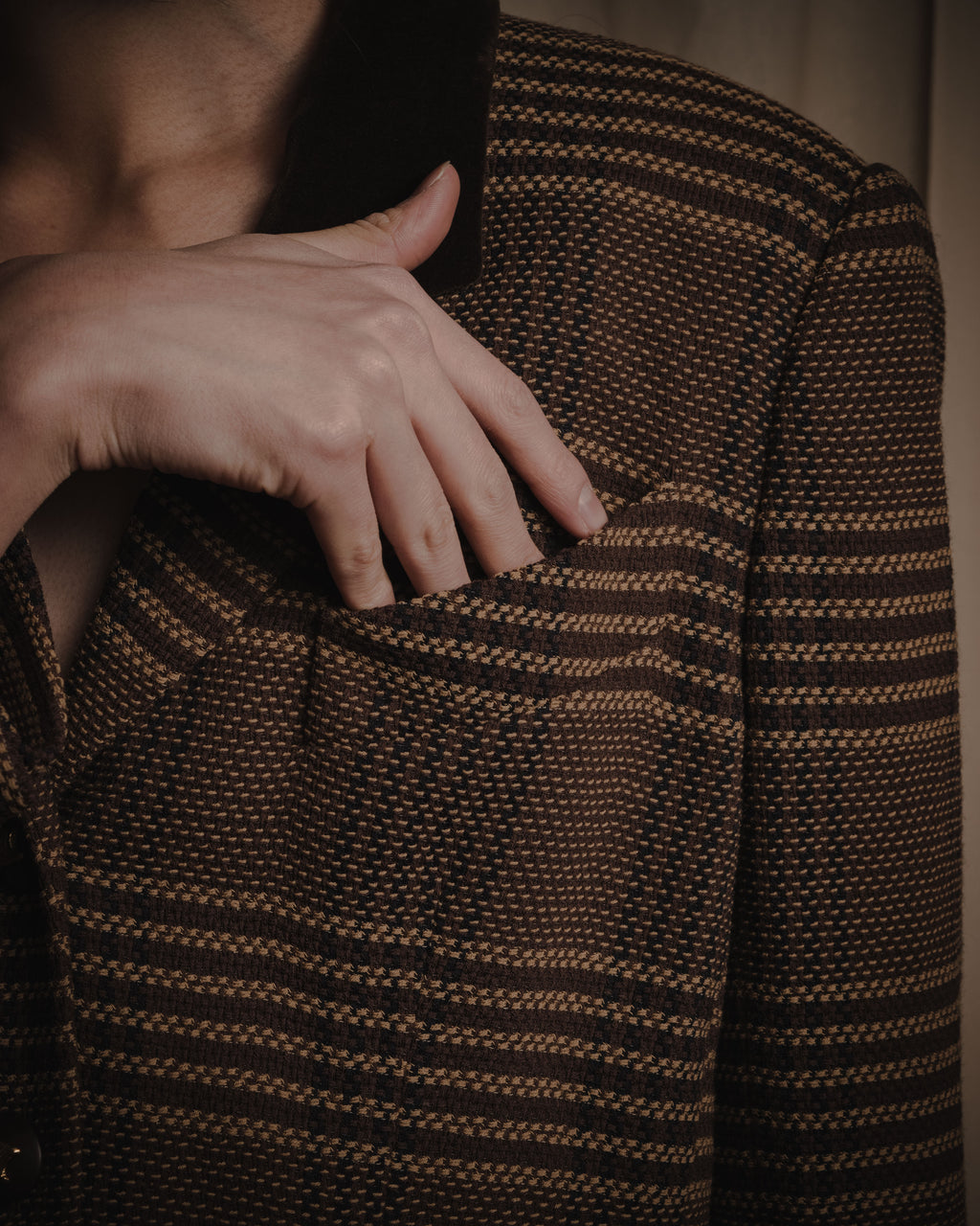 "CELINE" Late 80s–Early 90s velvet-collar woven jacket