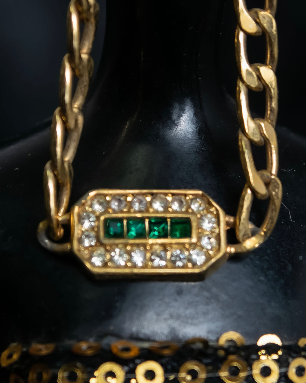 “Christian Dior” green & clear crystal designed gold chain bracelet