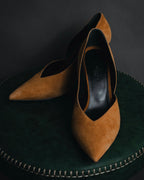"HERMES" 00’s-10’s Suede V-cut  sculptural wood heel pumps