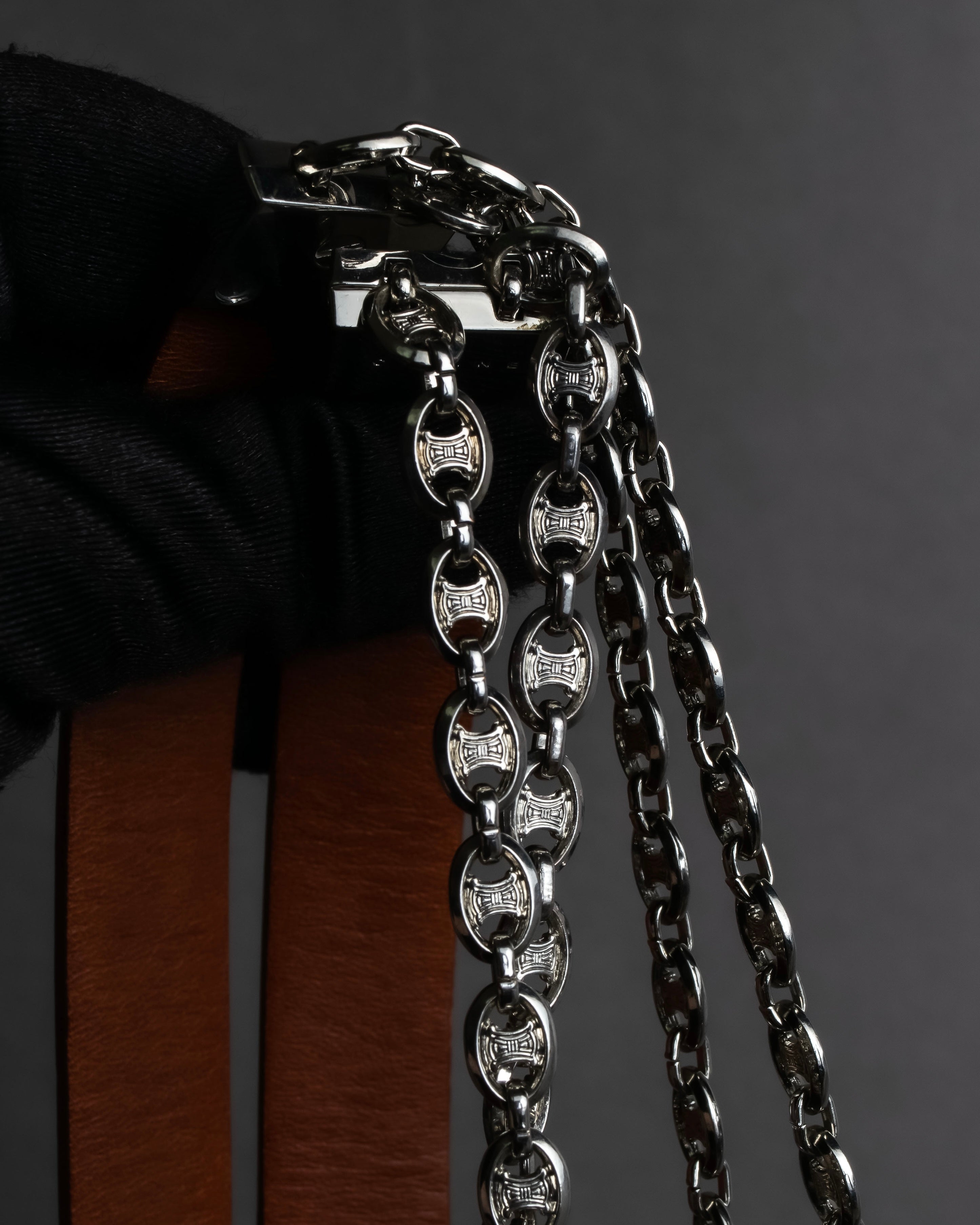 "CELINE" Oval link chain design leather combination belt