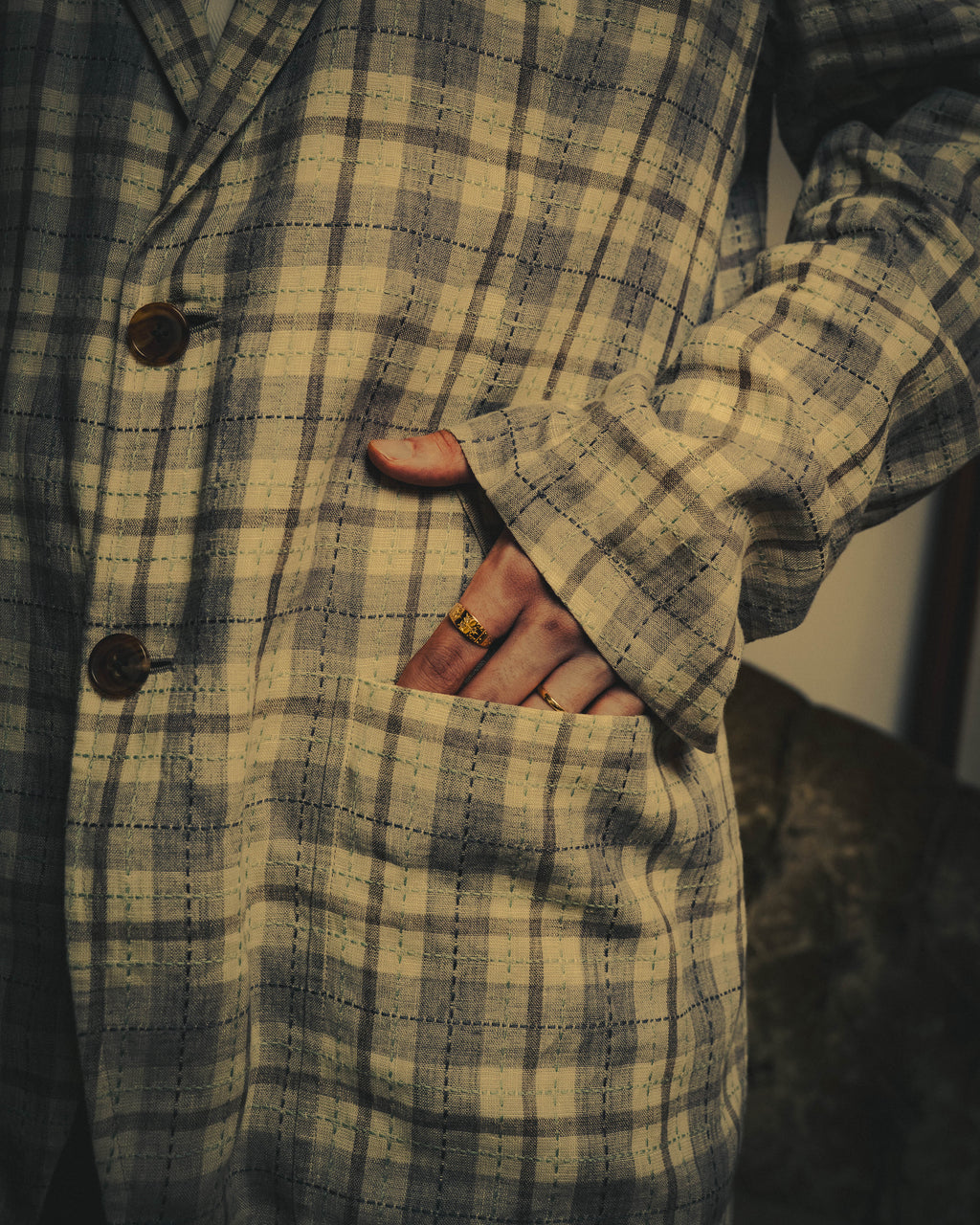 -SPECIAL- "Hermès" 10's Textured linen blend check blazer