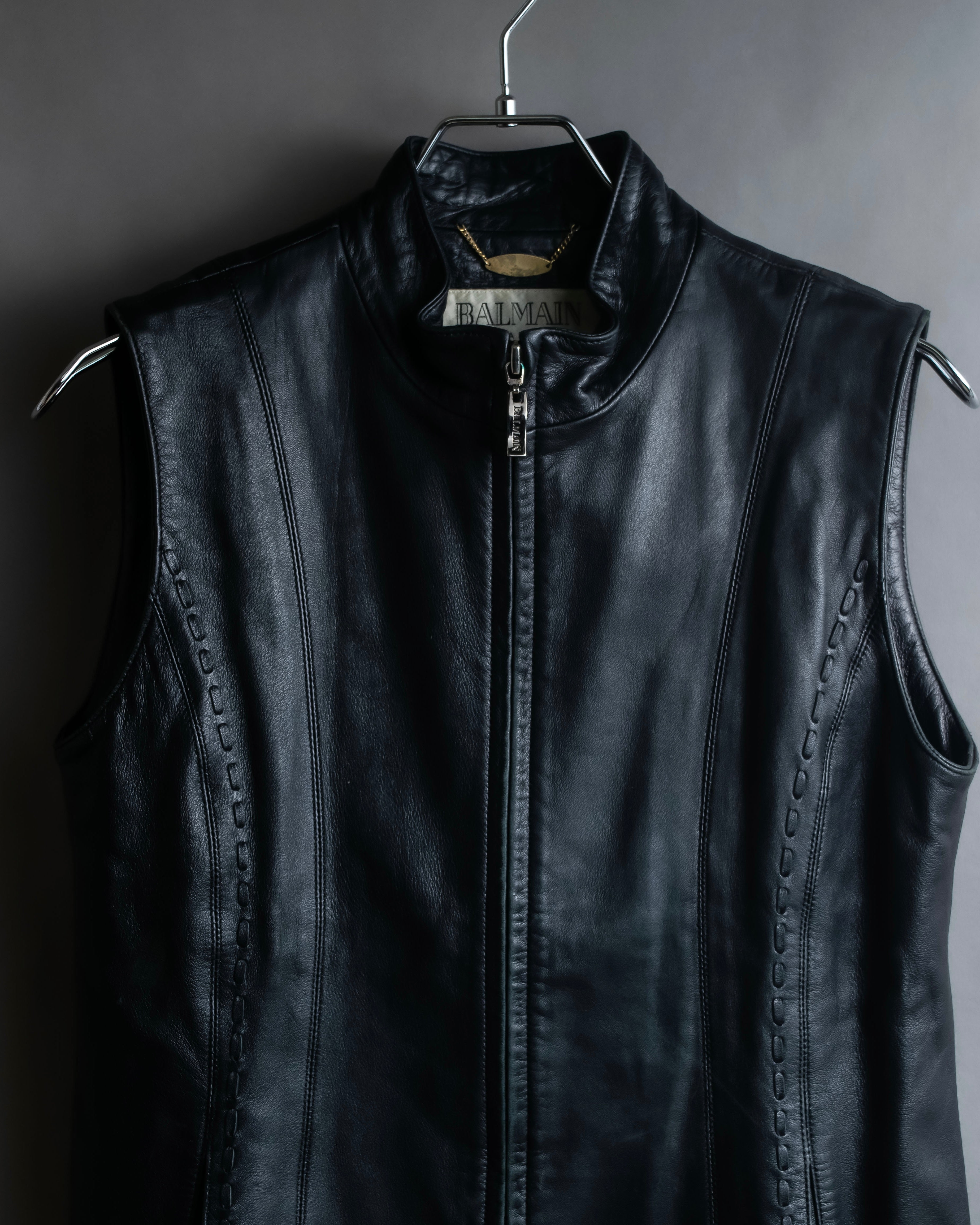 "BALMAIN" Braided detail lamb leather zip-up vest