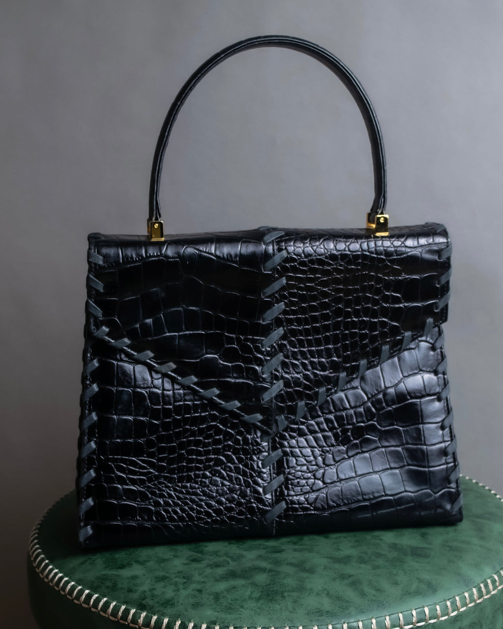 "YVES SAINT LAURENT" Braided stitch design crocodile embossed leather one-handle bag