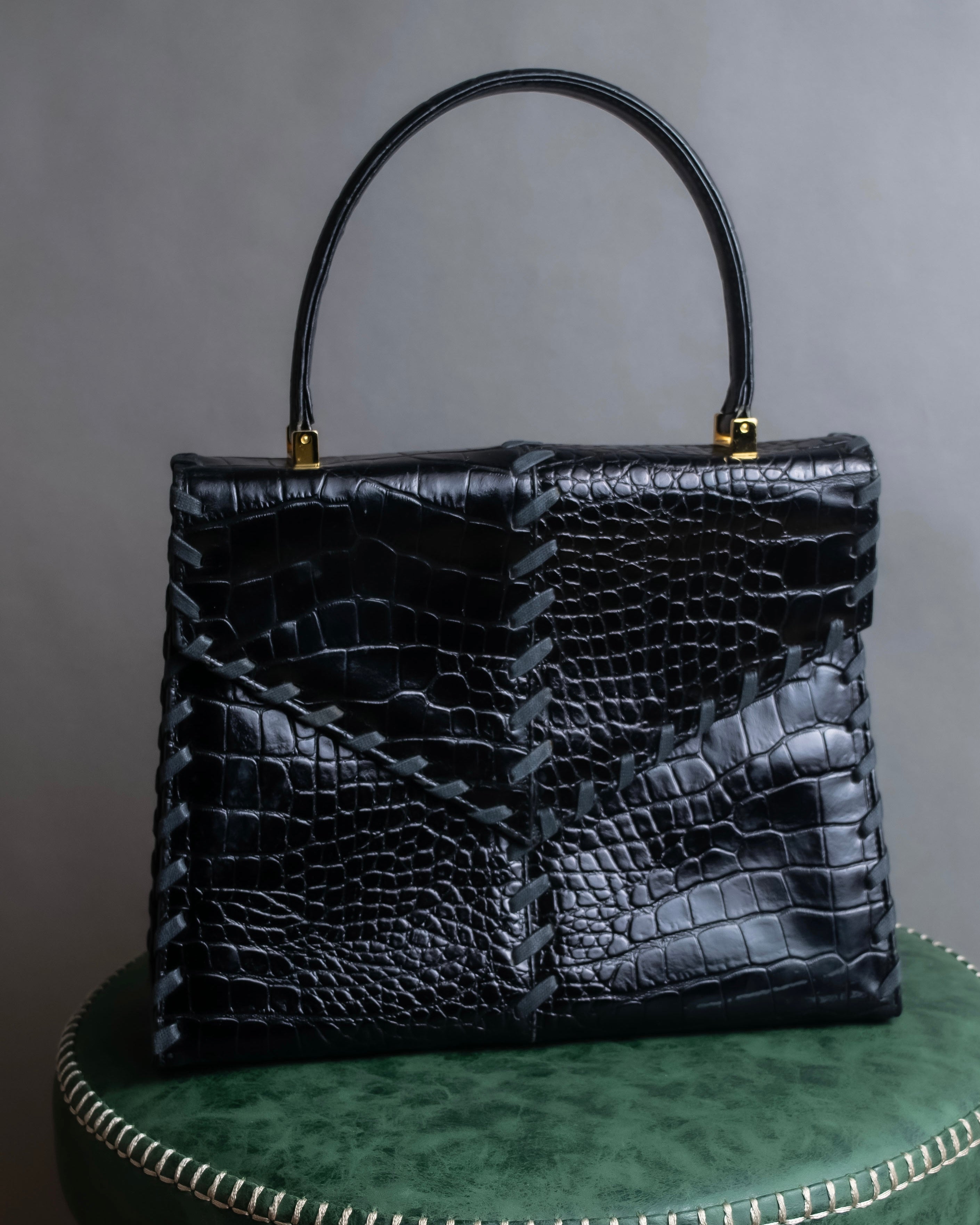 "YVES SAINT LAURENT" Braided stitch design crocodile embossed leather one-handle bag