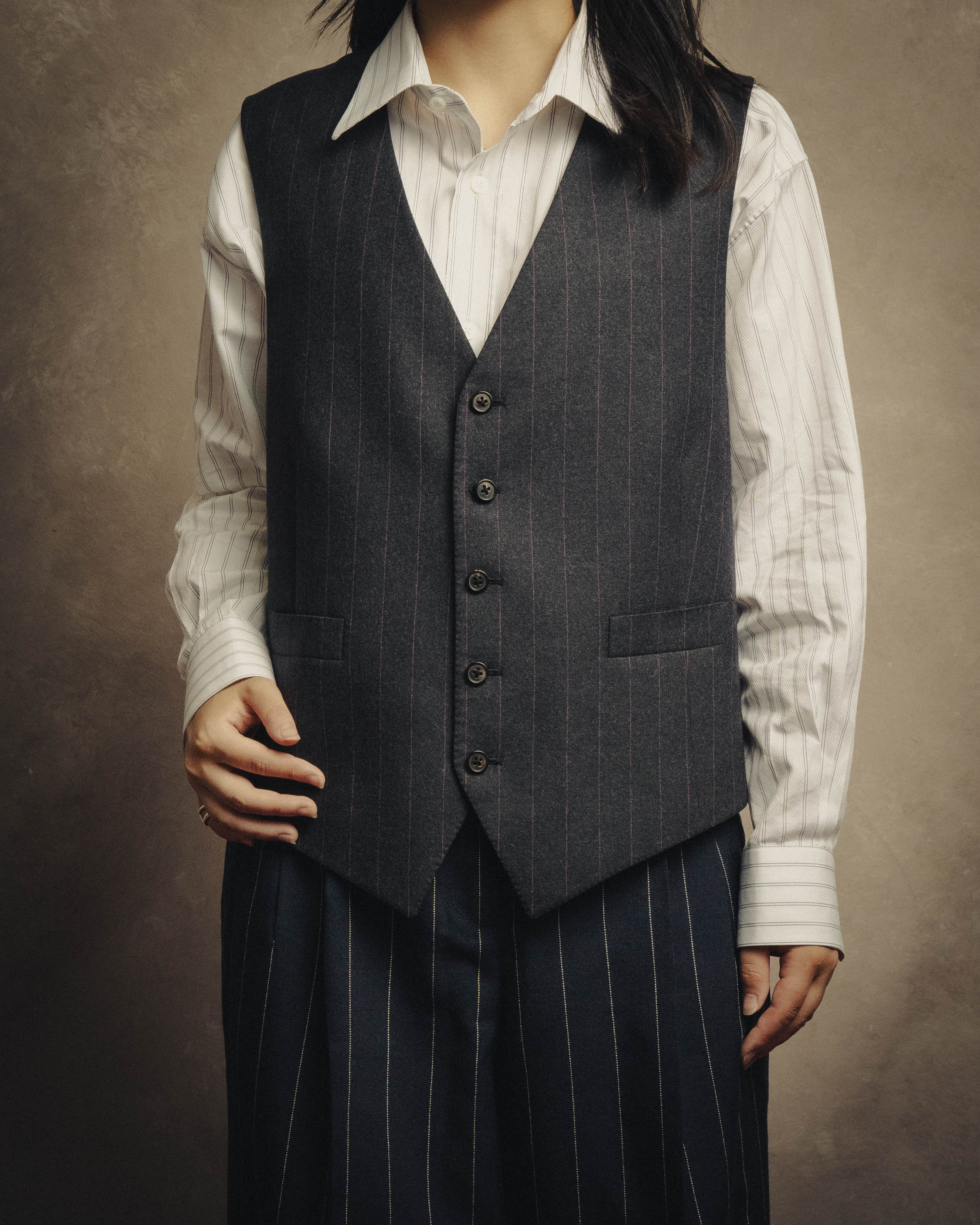 -SPECIAL- “HERMES” 2007-2009 Super 100s pinstripe tailored long gilet