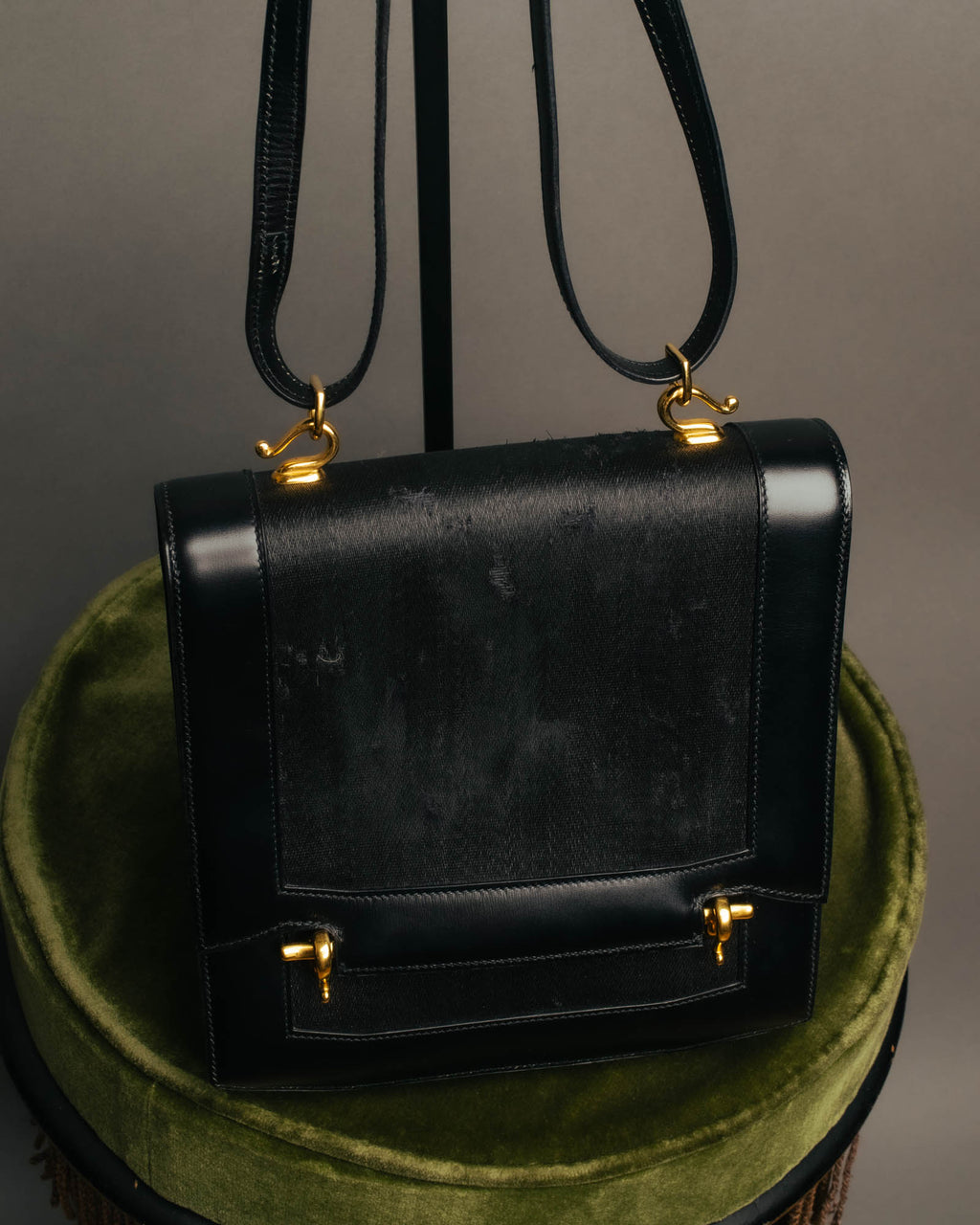 -SPECIAL- “HERMÈS” 80’s-90’s Camargue black leather and canvas shoulder bag