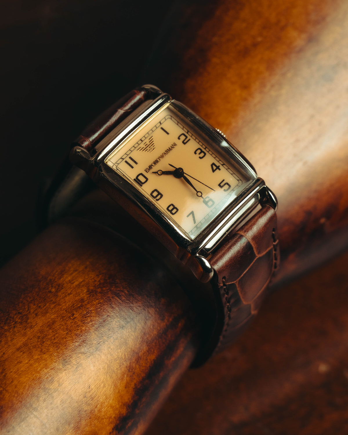 “EMPORIO ARMANI” Late 90’s-early 10’s Art deco rectangular leather strap watch