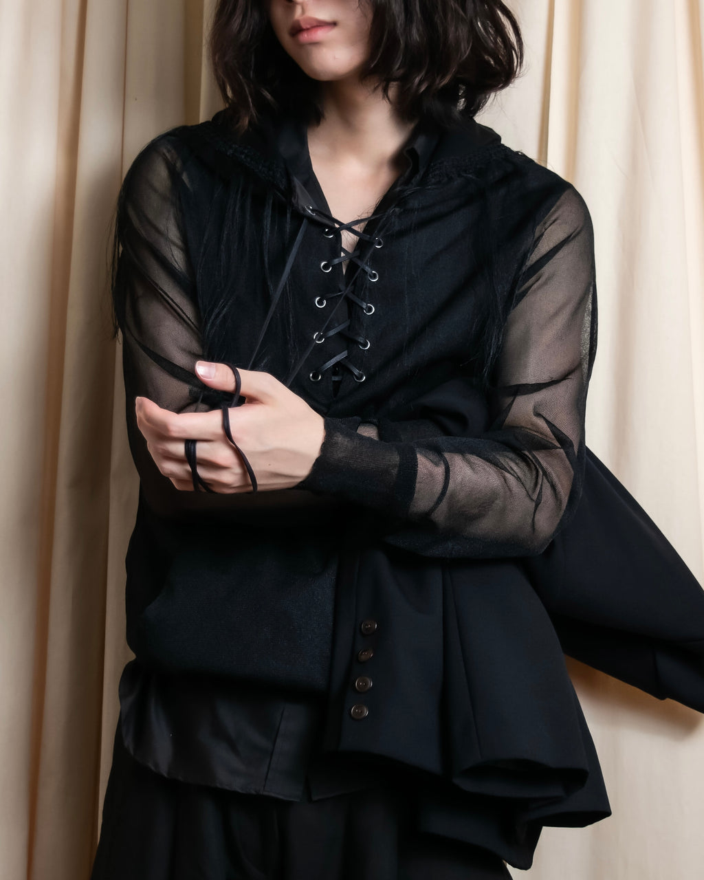 "sacai" Wig design sheer hooded pullover