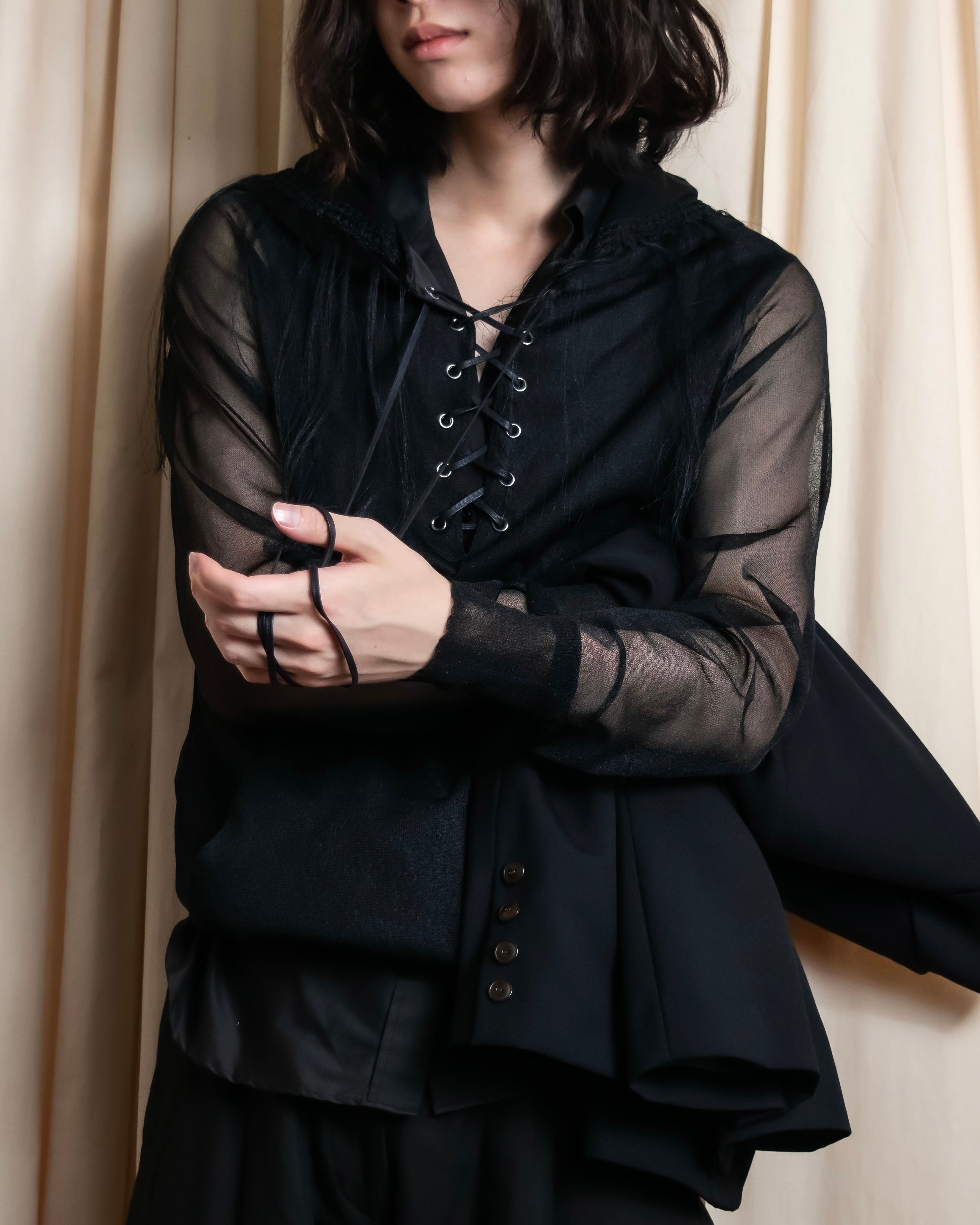 "sacai" Wig design sheer hooded pullover