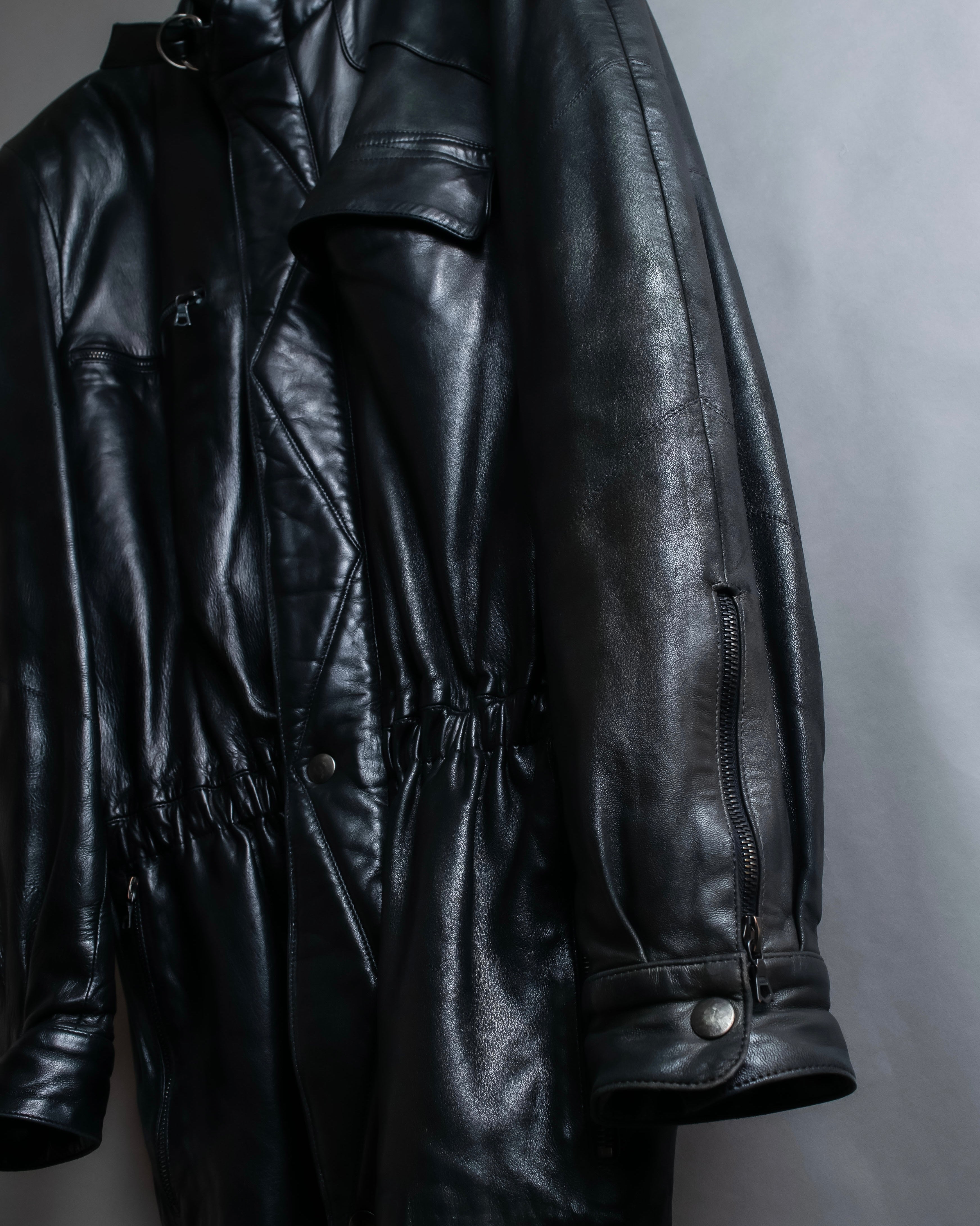 "Claude Montana" Drawcord detail stand-up collar leather blouson