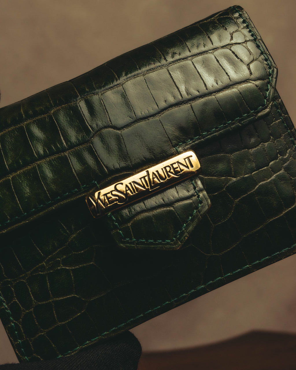 "Yves Saint Laurent" 80's Dark green crocodile compact wallet