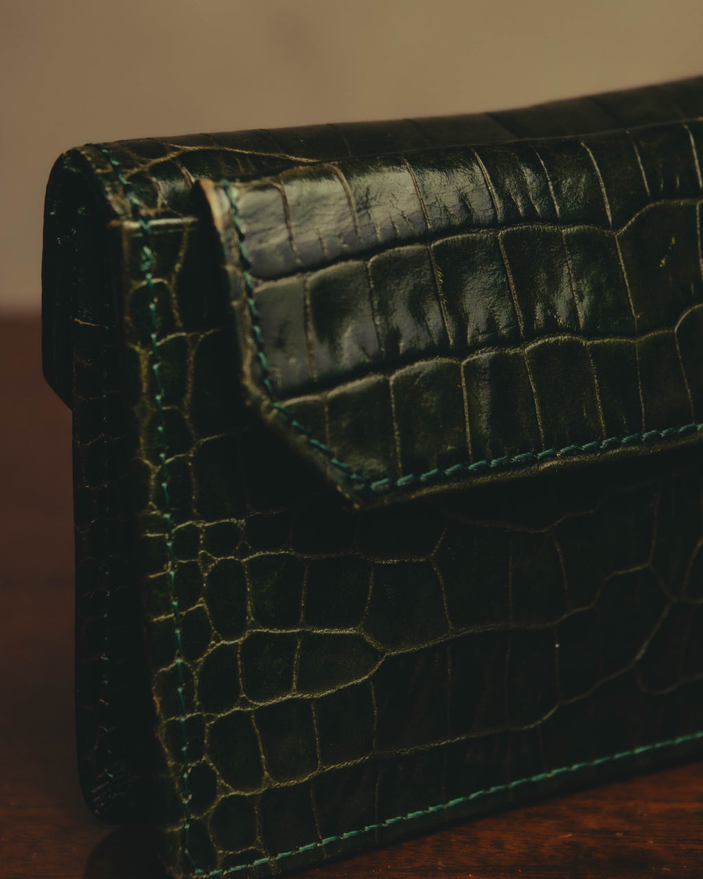 "Yves Saint Laurent" 80's Dark green crocodile compact wallet