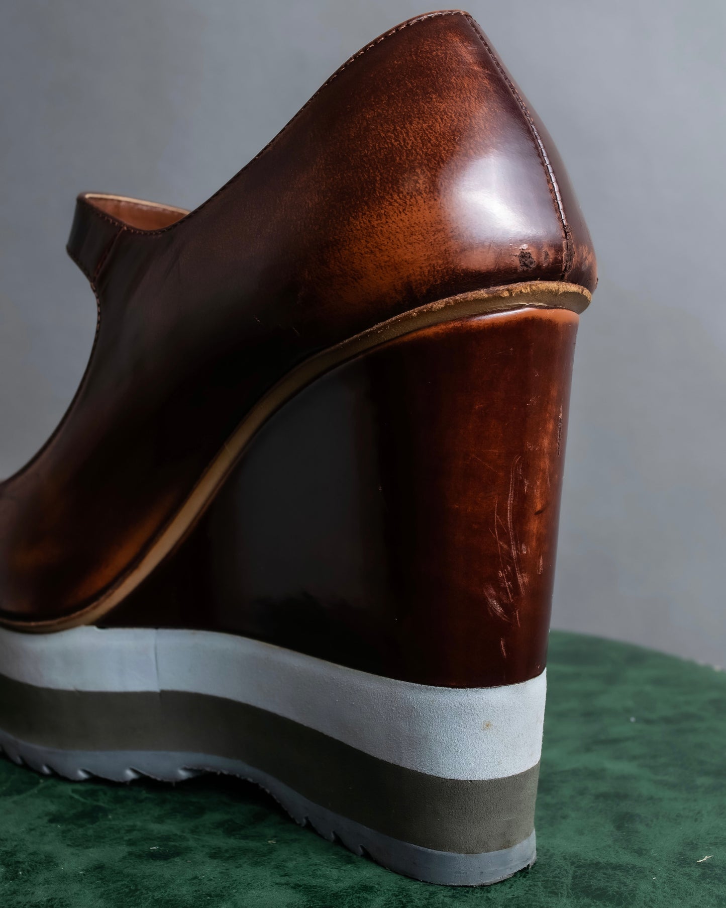 "PRADA" Brown leather stepped sole wedge heel pumps