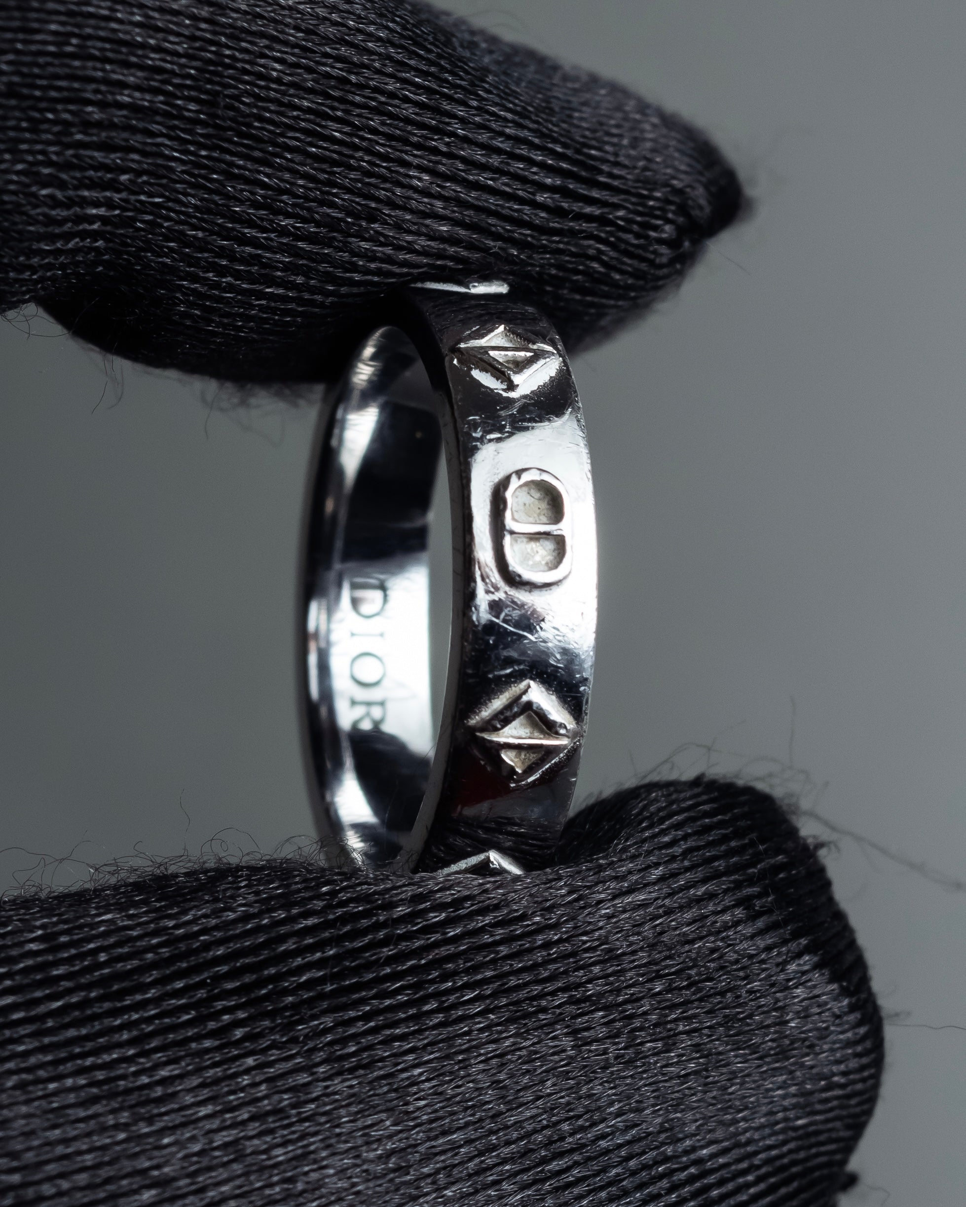 "Christian Dior" CD logo engraved diamond motif silver ring