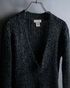 "Vintage deep V-neck fuzzy knit pullover"