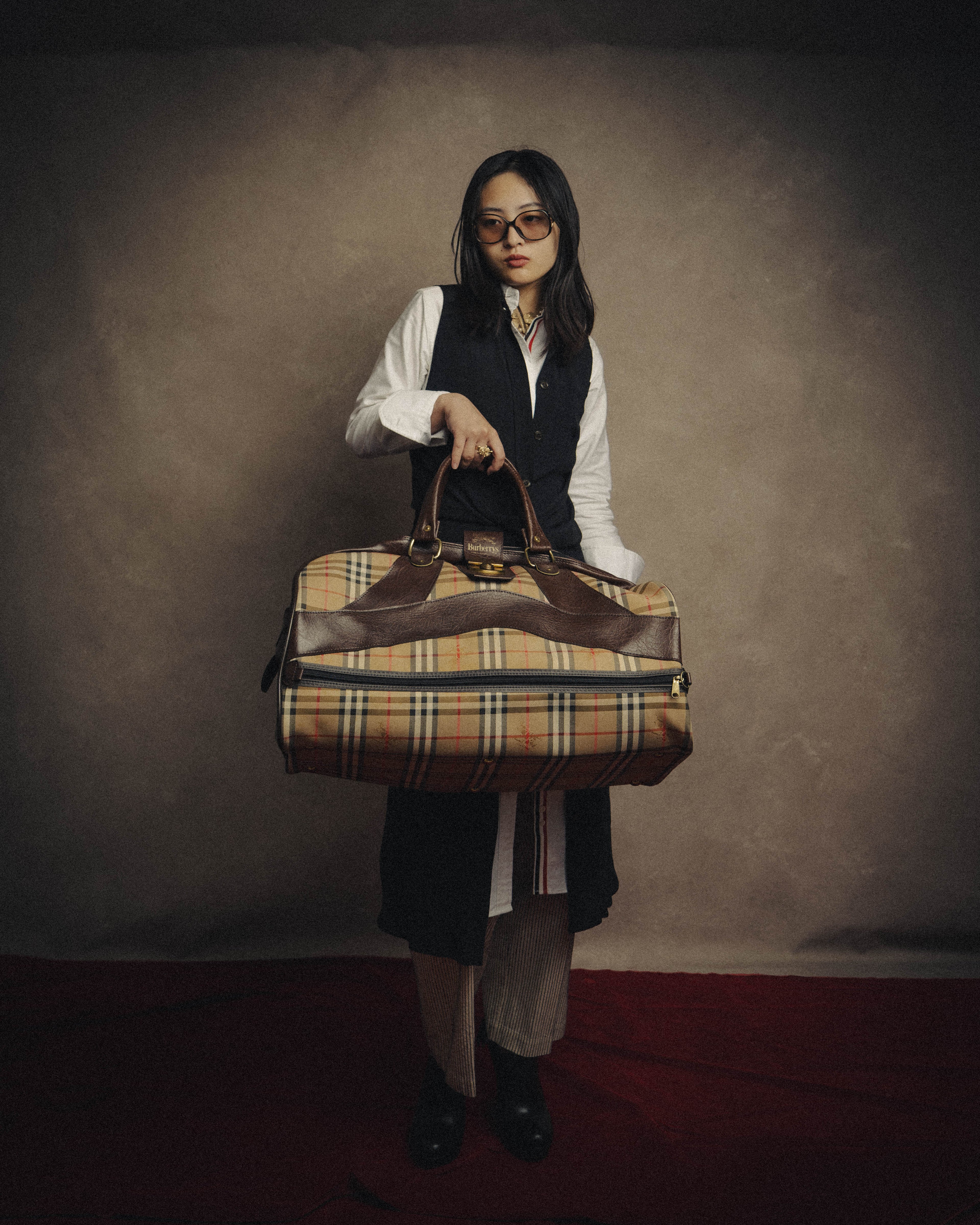 -SPECIAL- "Burberrys" 80's-90's Classic check textured leather boston bag