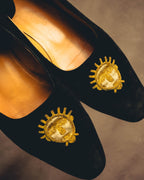 -SPECIAL- "Hermès" 80's-90's Gold embroidered suede loafers