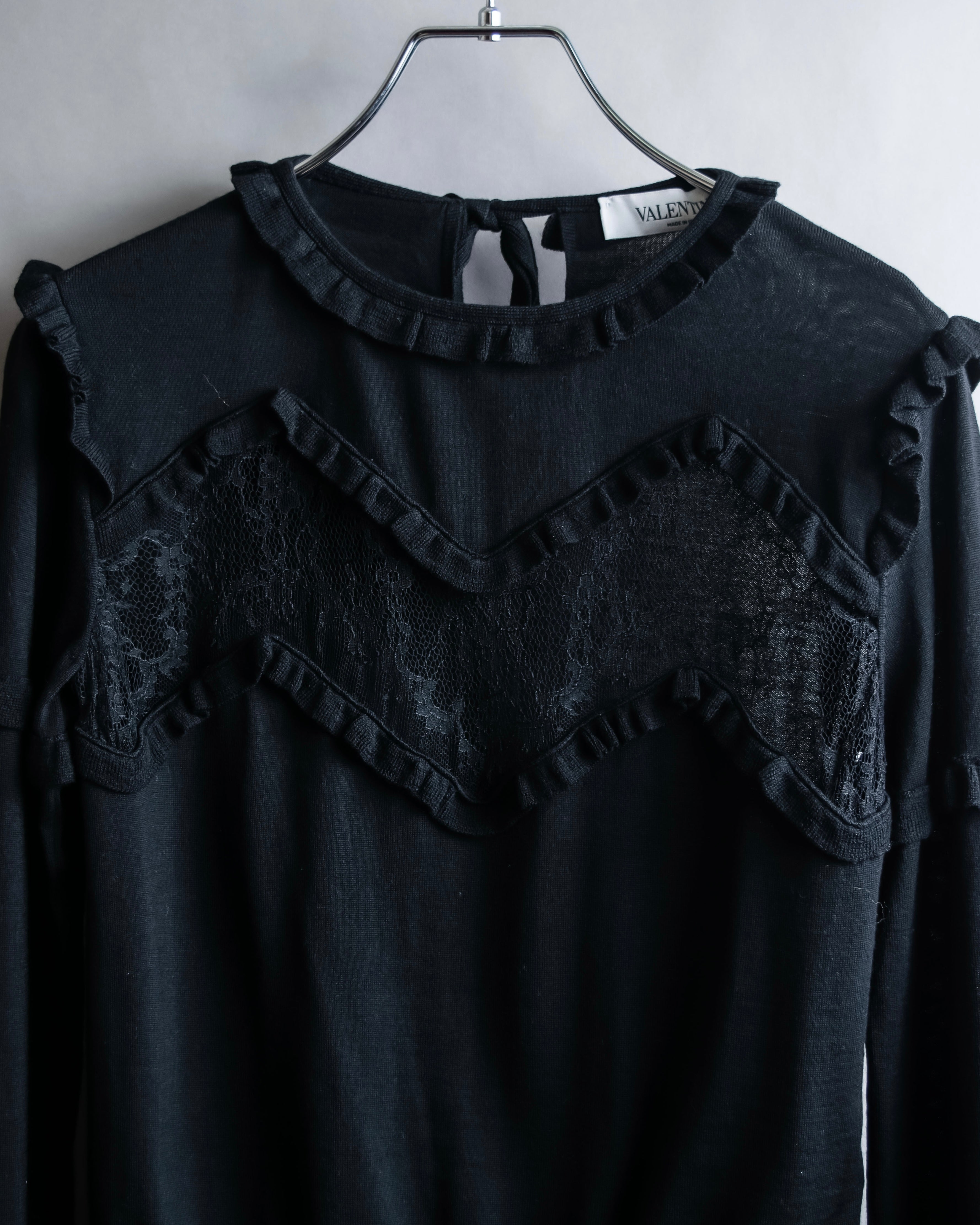 "VALENTINO" Ruffle＆lace design black knit