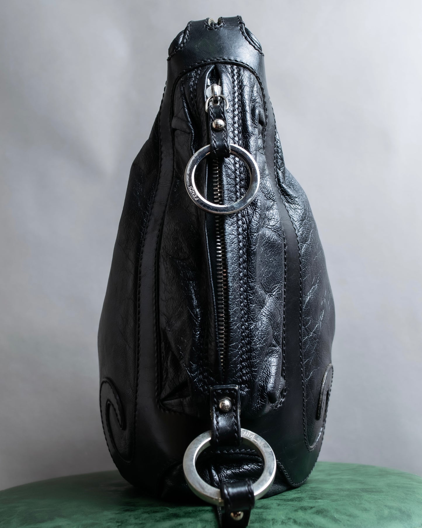 "FENDI" Curved design swirl motif leather one shoulder bag