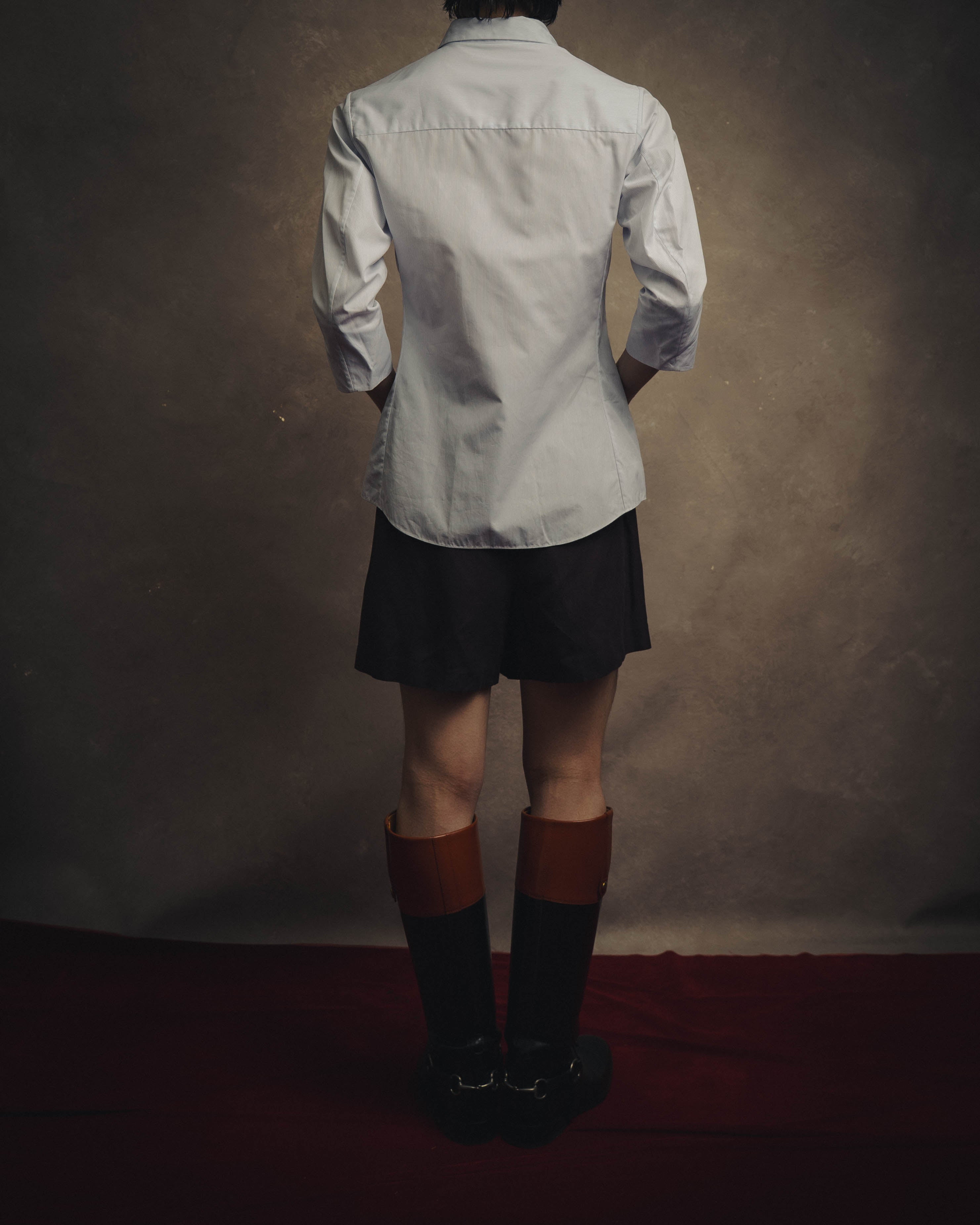 -SPECIAL- "Christian Dior" 00's-10's Embellished shield crest striped ruched sleeve shirt
