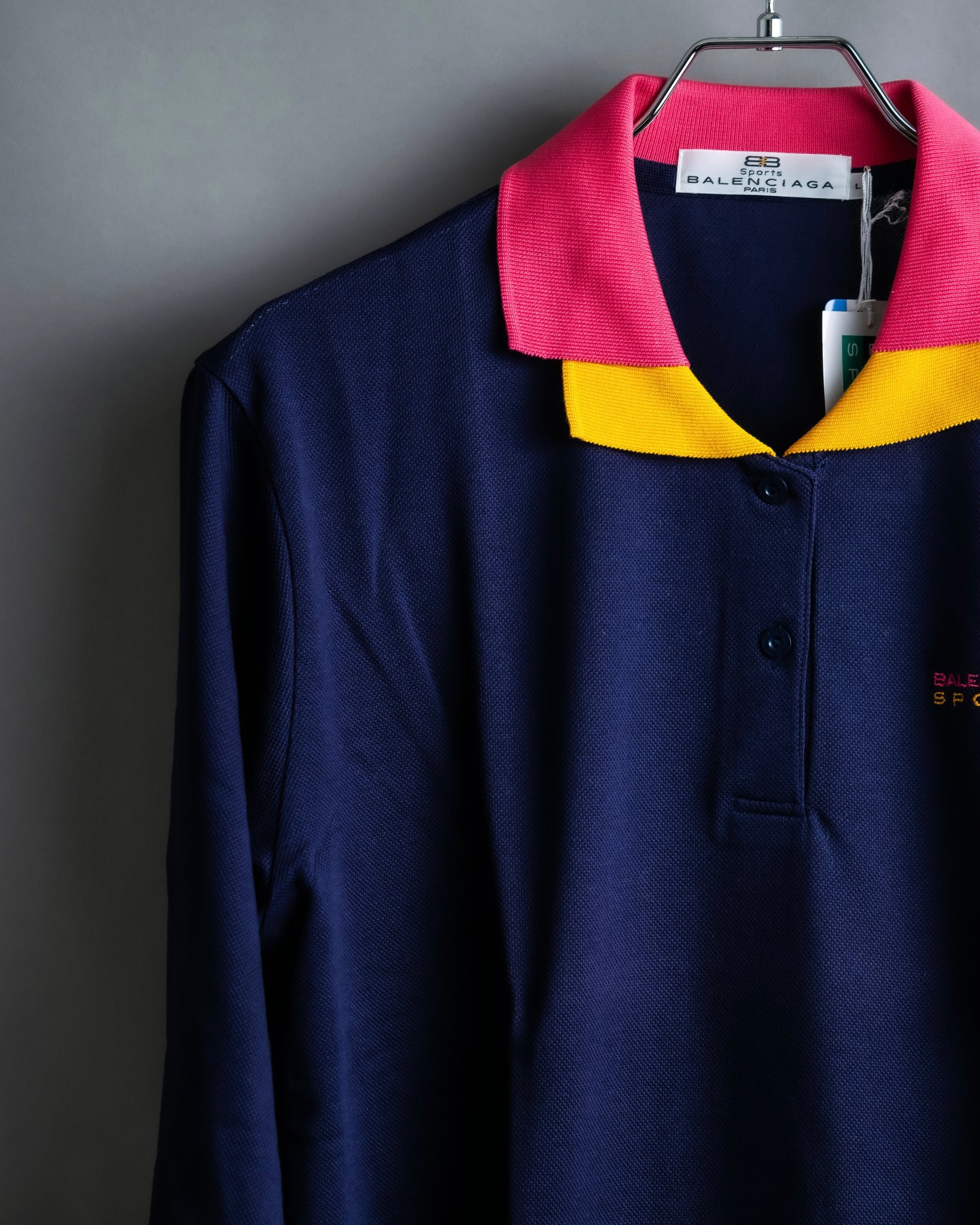 "Balenciaga Sports" Pink & yellow collar long sleeve polo shirt