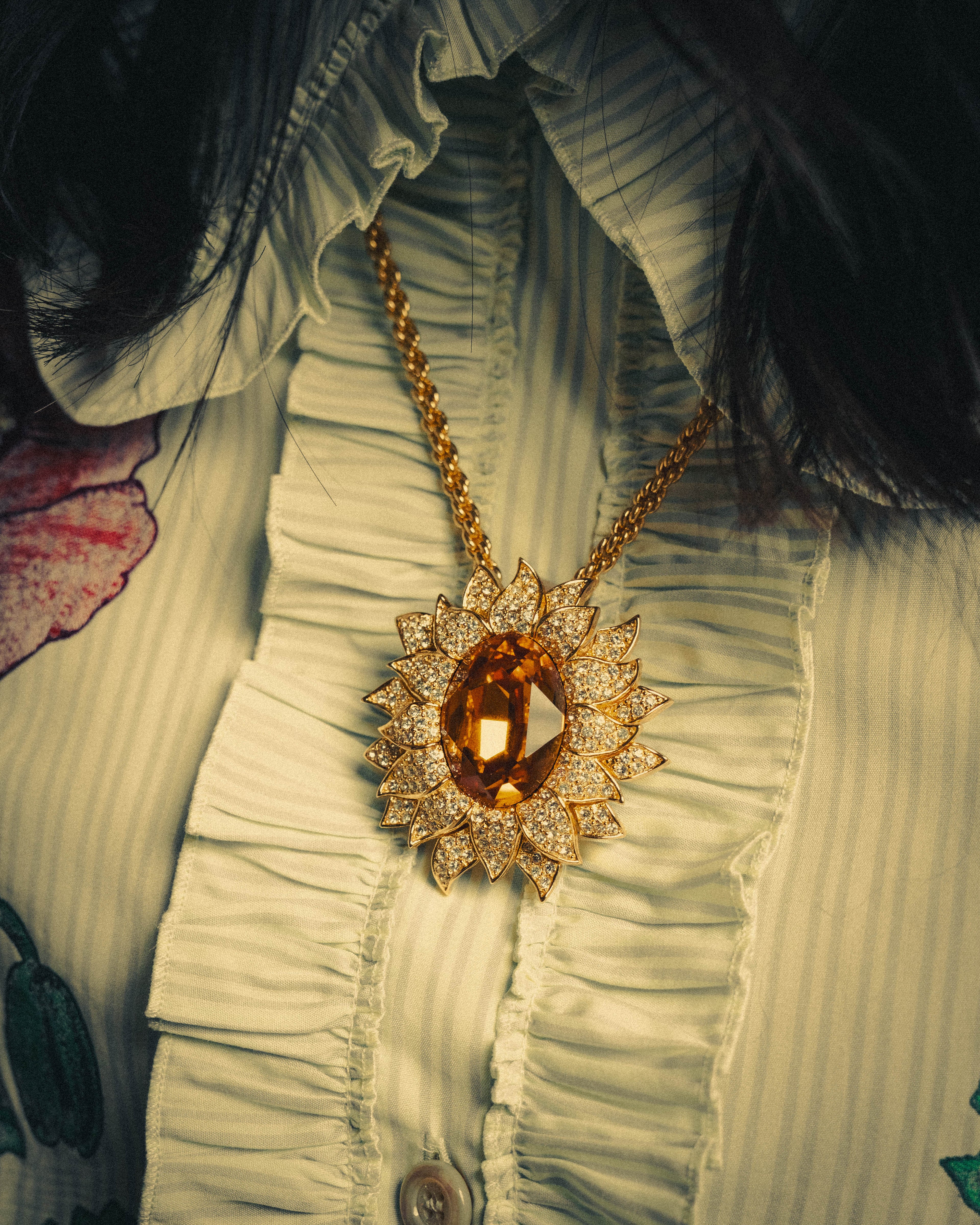 -SPECIAL- “Christian Dior” 80’s-90’s Sunburst amber glass pendant brooch