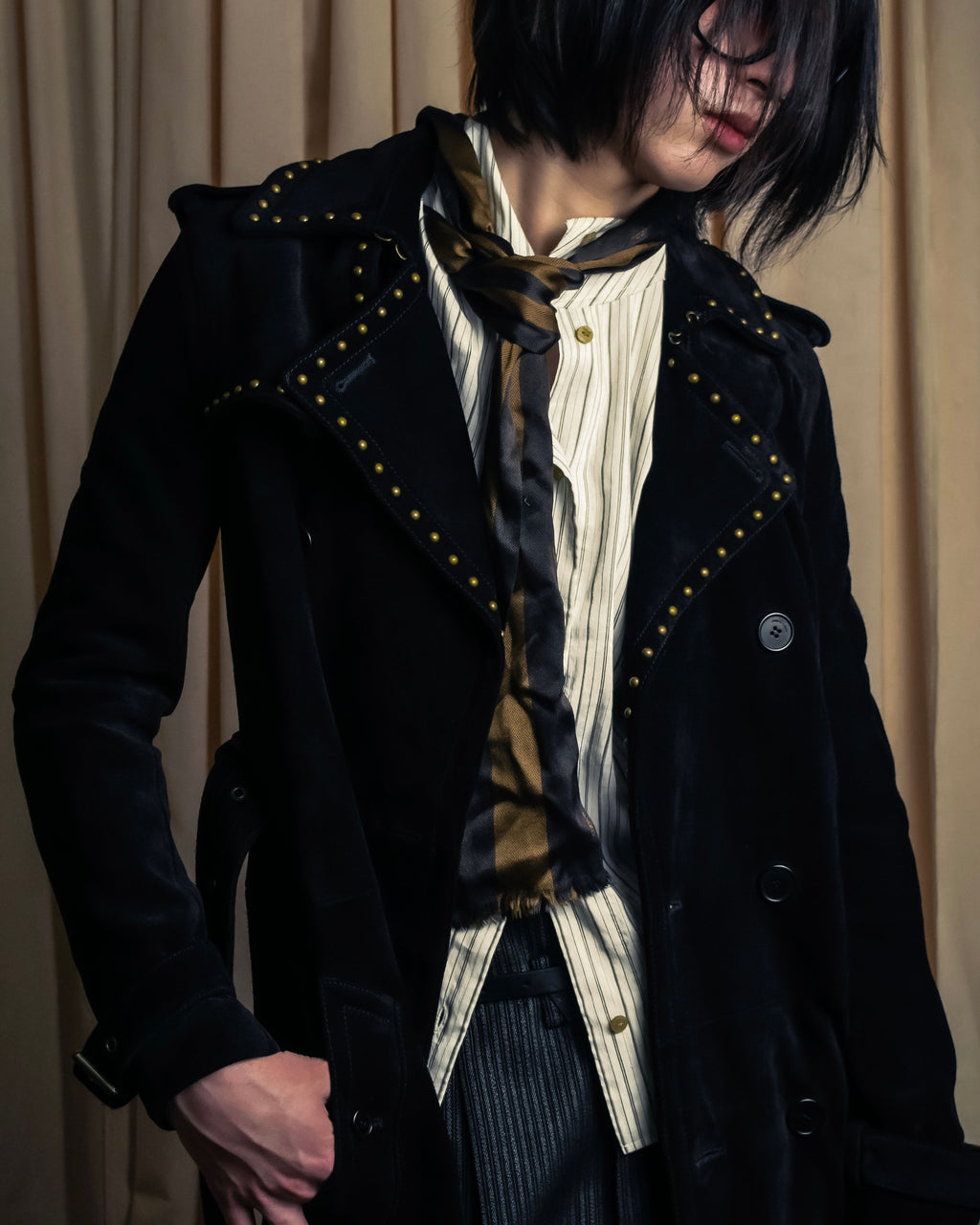 "Saint Laurent" 19AW gold studs design suede long coat
