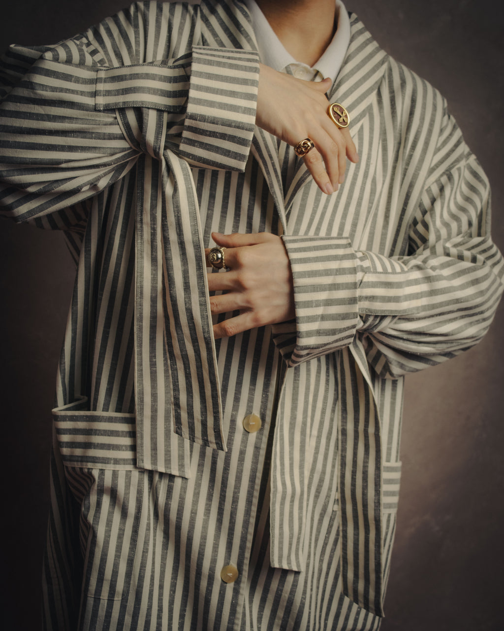 -SPECIAL- “LOEWE” 2010’s striped ribbon sleeve long gown coat