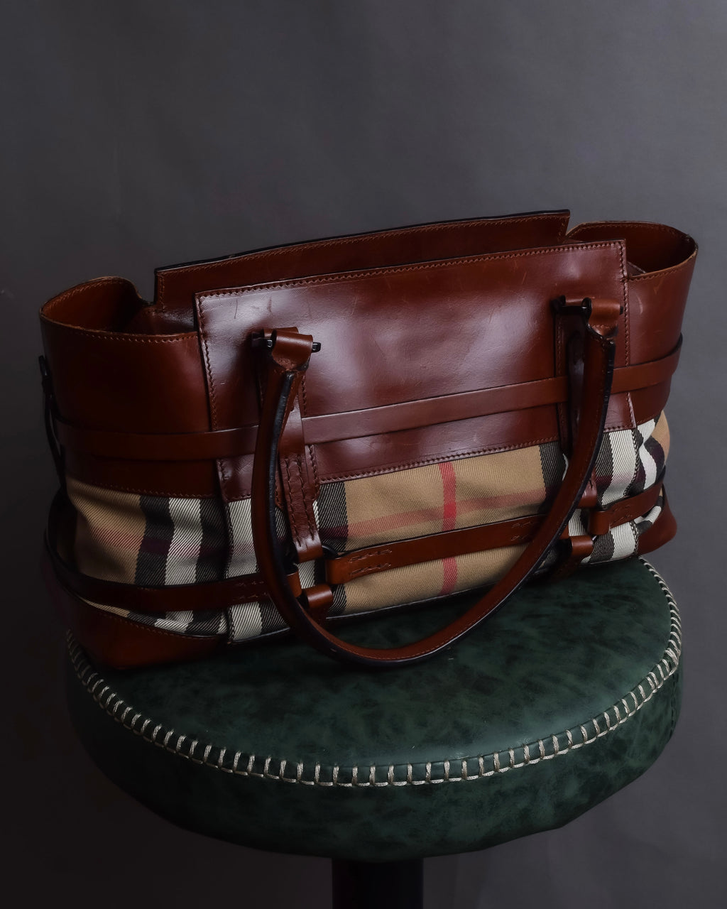 "BURBERRY" Harness detail check canvas leather bag
